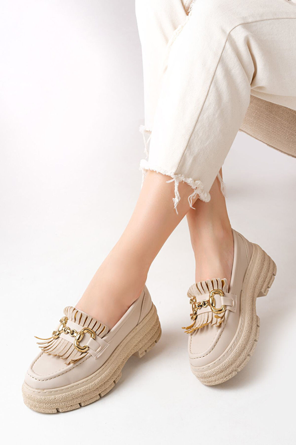 ASFSTORE 749-750 Bej Tokalı Günlük Yüksek Tabanlı Loafer Ayakkabı