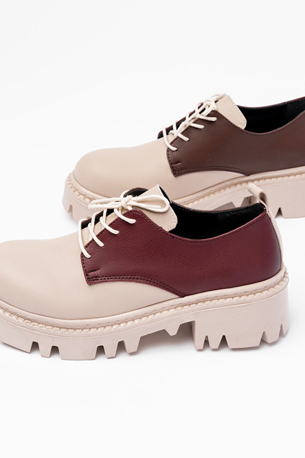 ASFSTORE 868-754 Bej Garni Bağcıklı Günlük Yüksek Tabanlı Loafer Ayakkabı