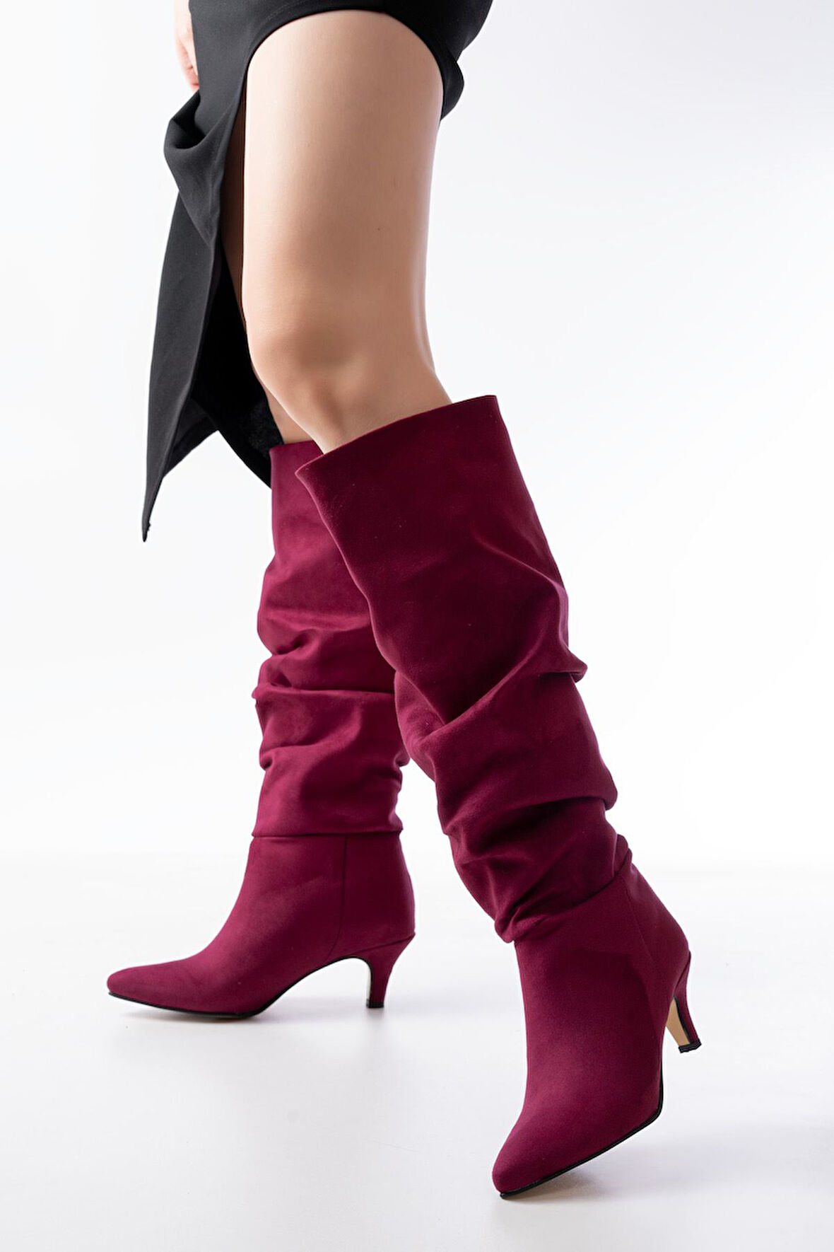 ASFSTORE SR-2001 Bordo Süet İnce Topuklu Günlük Bayan Çizme