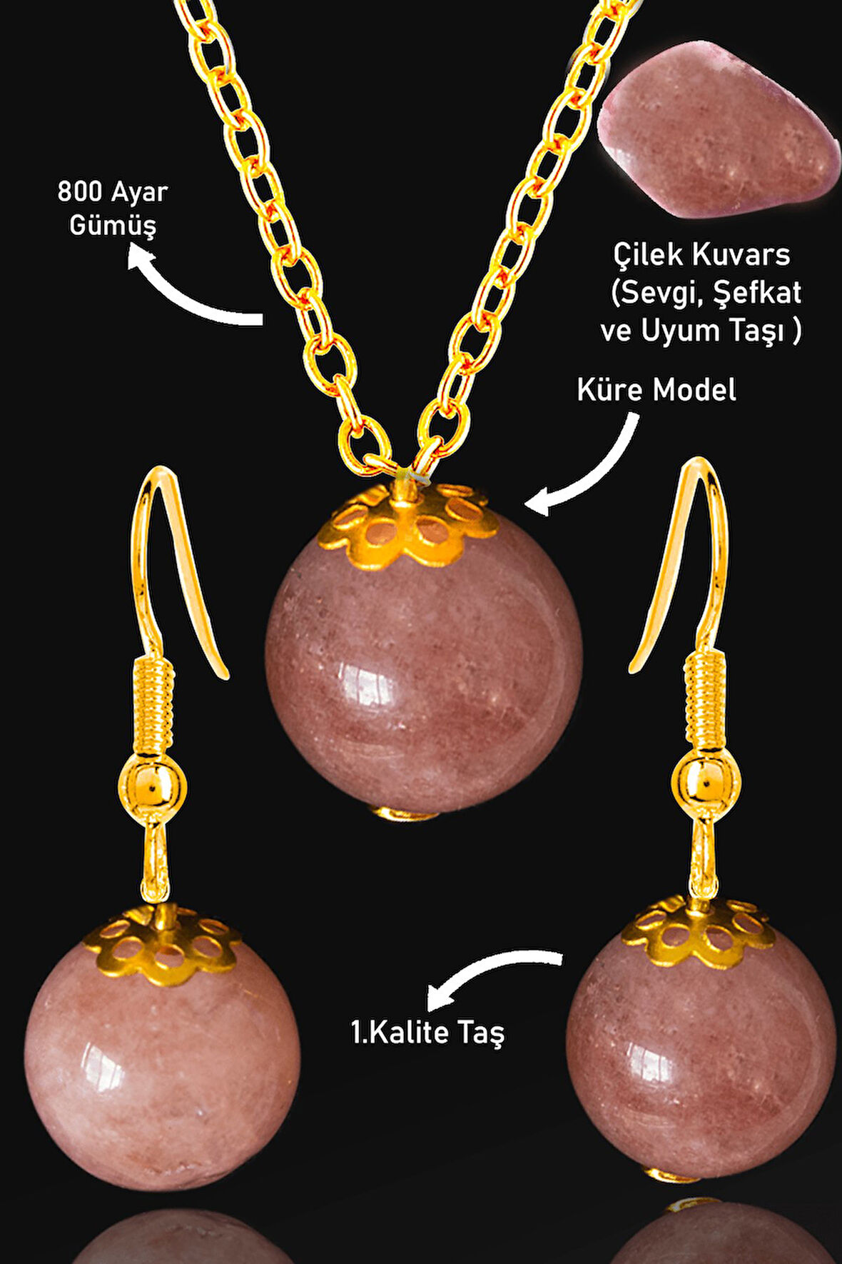Sertifikalı Gold Küre Model Çilek Kuvars Taşı Kolye ve Küpe Seti - Gümüş Aparatlı