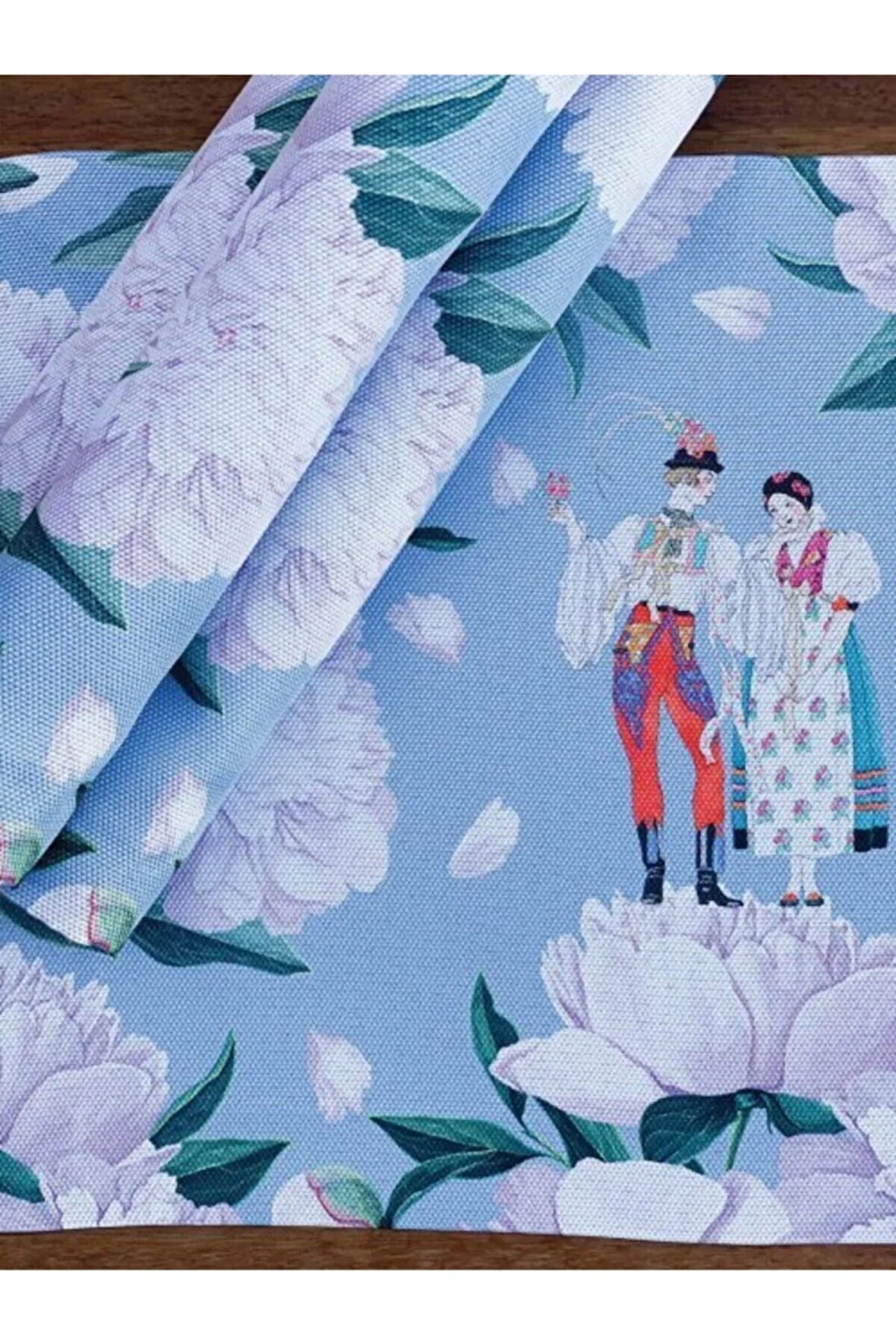 Blue - White Rose Kumaş Amerikan Servis 4'lü Set - 35x50 Keten, Ulusl.yıkama Ve Solmama Sertifikası