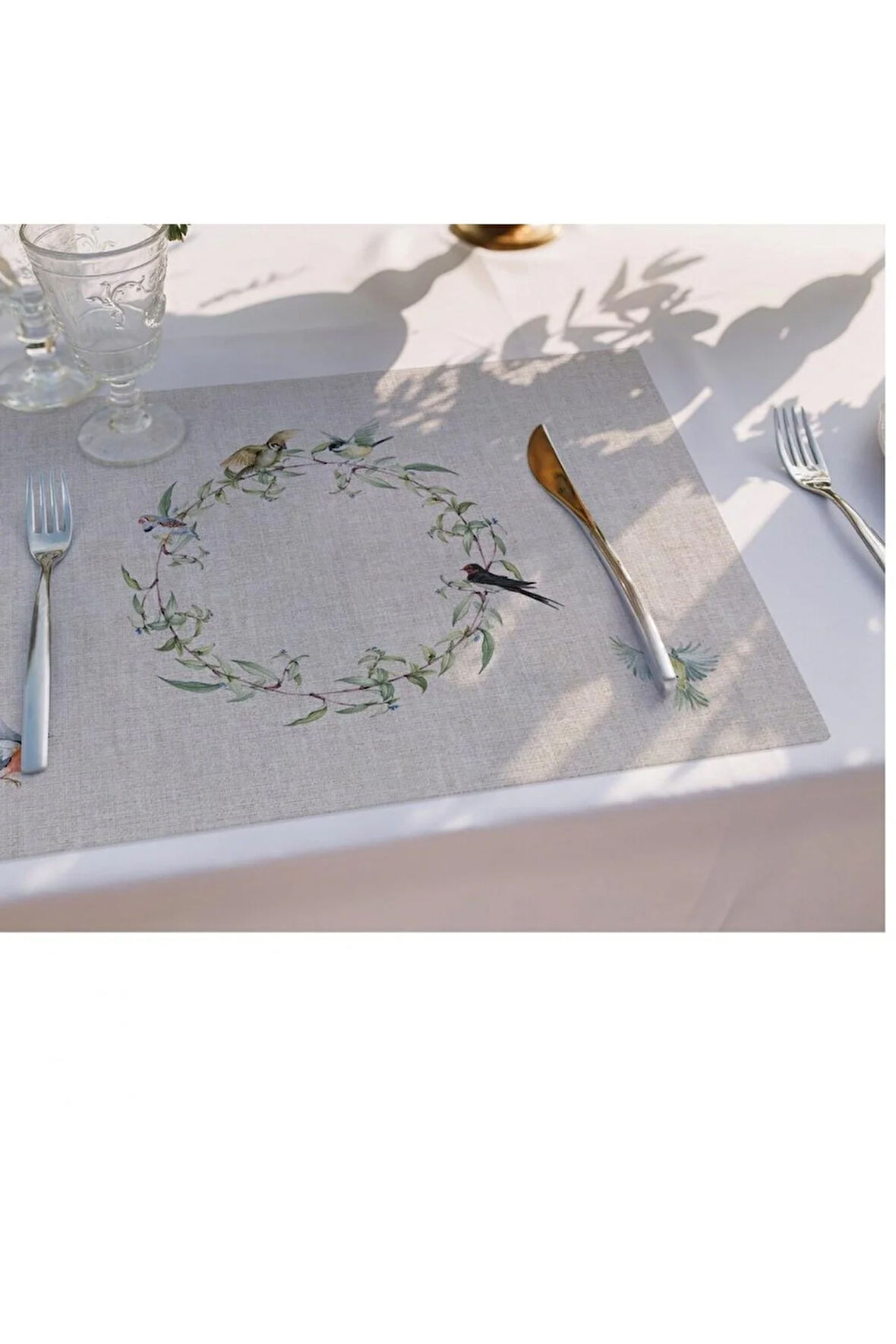 Kuşlu Bahçe Kumaş Amerikan Servis 4'lü Set 35x50cm Keten Kumaş Ulusl. Yıkama Ve Solmama Sertifikası