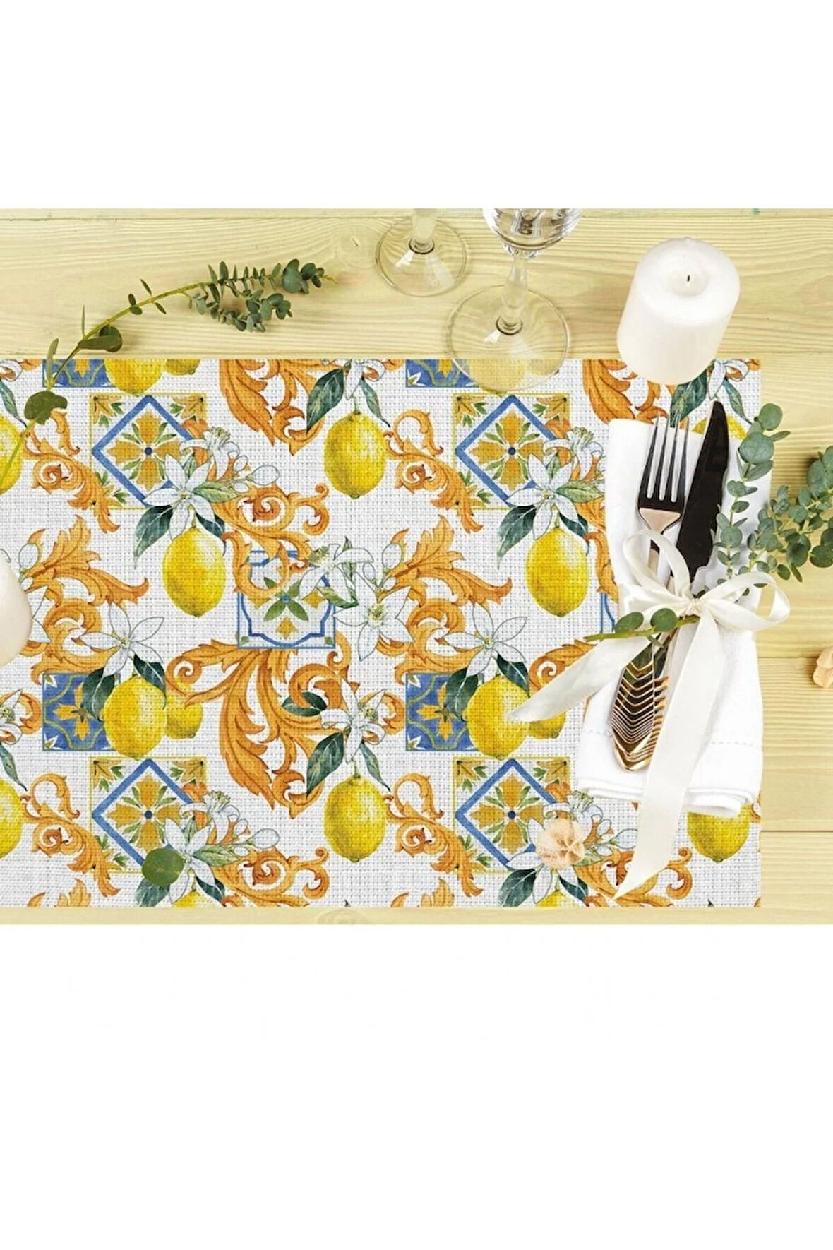 Limon Tasarımlı Kumaş Amerikan Servis 4'lü Set 35x50cm Keten, Ulusl. Yıkama Ve Solmama Sertifikası