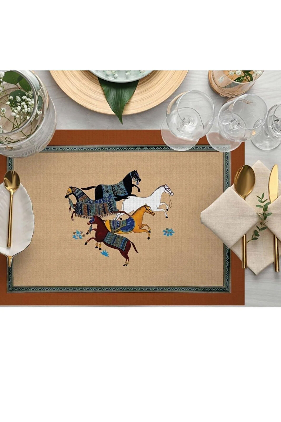 Figüratif At Kumaş Amerikan Servis 4'lü Set 35x50cm Keten Kumaş Ulusl.yıkama Ve Solmama Sertifikası