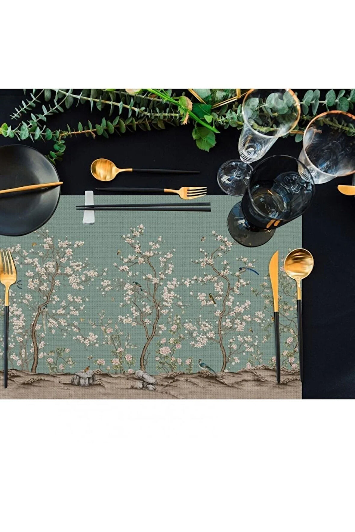 Yeşil Kuşlu Bahçe Kumaş Amerikan Servis 4'lü Set 35x50cm (Ulusl. Yıkama Ve Solmama Sertifikası)