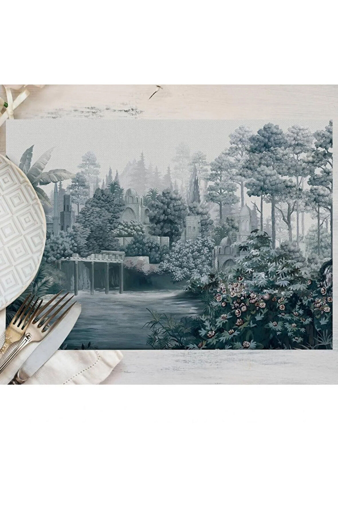 Mavi Ağaç Manzarası Amerikan Servis 35x50cm (Keten, Uluslararası Yıkama Ve Solmama Sertifikası)