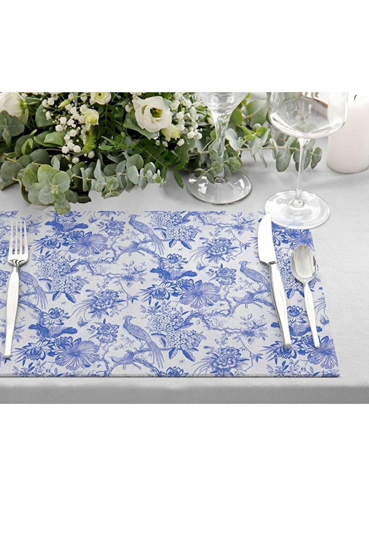 Blue Garden Kumaş Amerikan Servis 4'lü Set (keten Kumaş, Uluslararası Yıkama Ve Solmama Sertifikası)