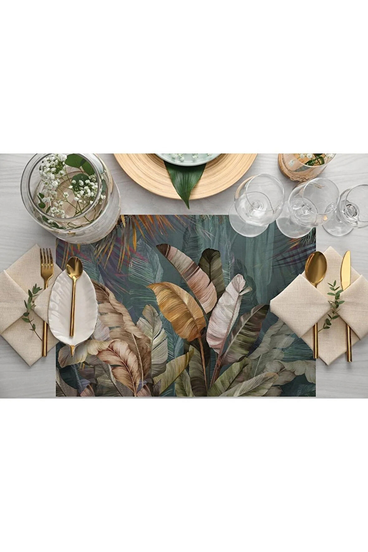 Tropikal Yaprak Tasarımlı Kumaş Amerikan Servis 4'lü Set Keten, Ulusl. Yıkama Ve Solmama Sertifikası