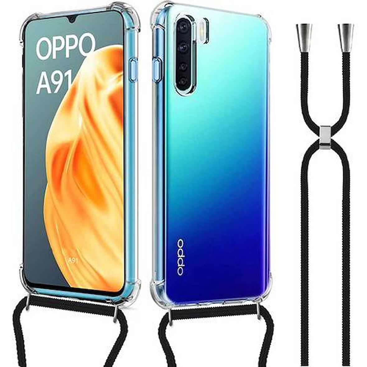 Oppo A91 Boyun Askılı Şeffaf Tank Kılıf 