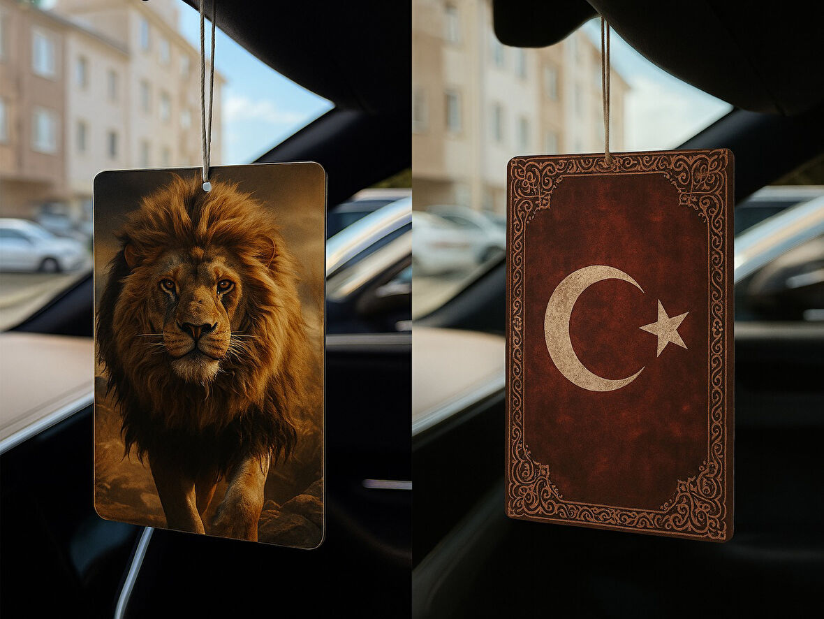 Aslan ve Türk Bayrağı - İkili Oto Kokusu - Dekoratif Araç Kokusu ve Aksesuarı