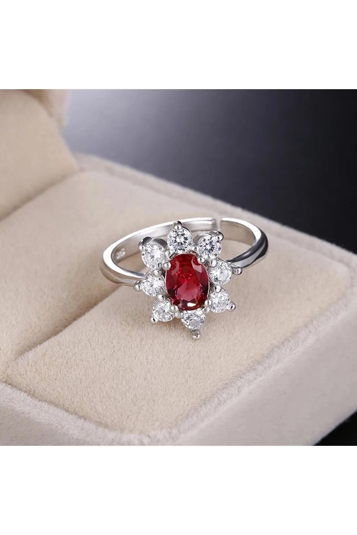 925 Ayar Gümüş Kırmızı Zirkon Taşlı Ayarlanabilir Yüzük