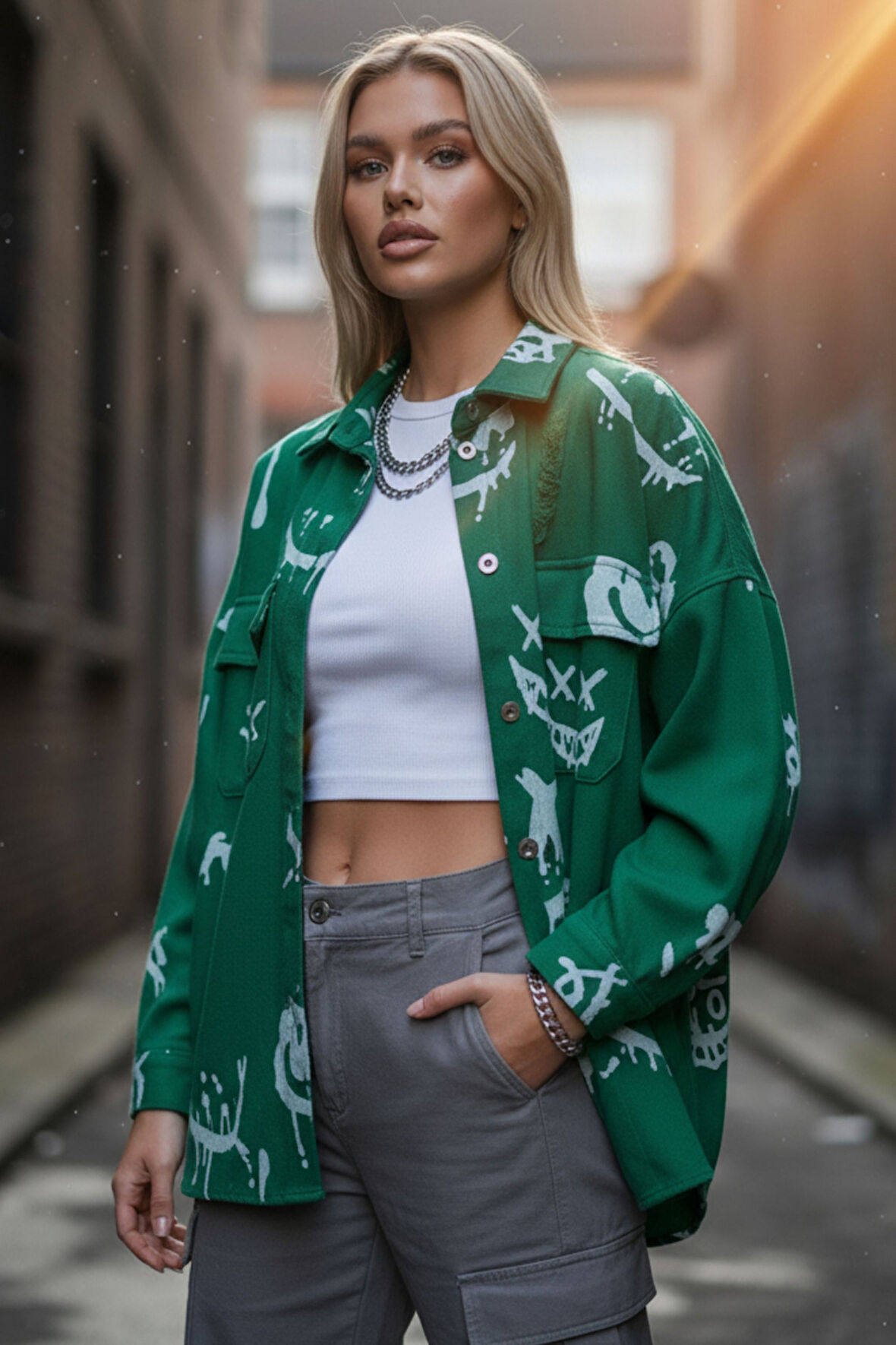 Kadın Oversize Benetton Yeşili Graffiti Baskılı Kot Ceket -Urban Jean Gömlek Ceket