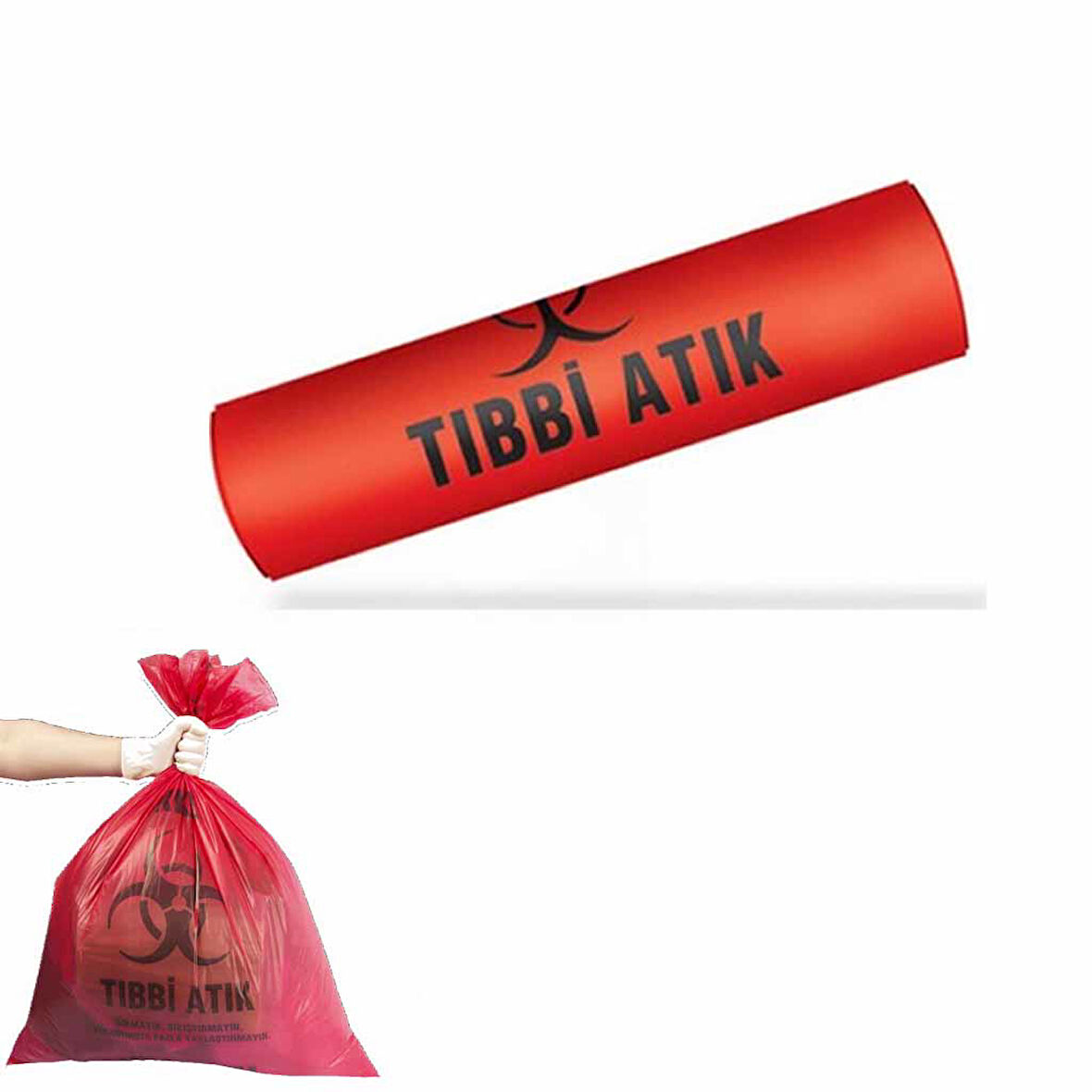 Tıbbi Atık Poşeti Battal Boy 75x90 cm 400 gr 10 lu Rulo x 1 Paket = 10 Adet (Kırmızı-Siyah Baskılı)