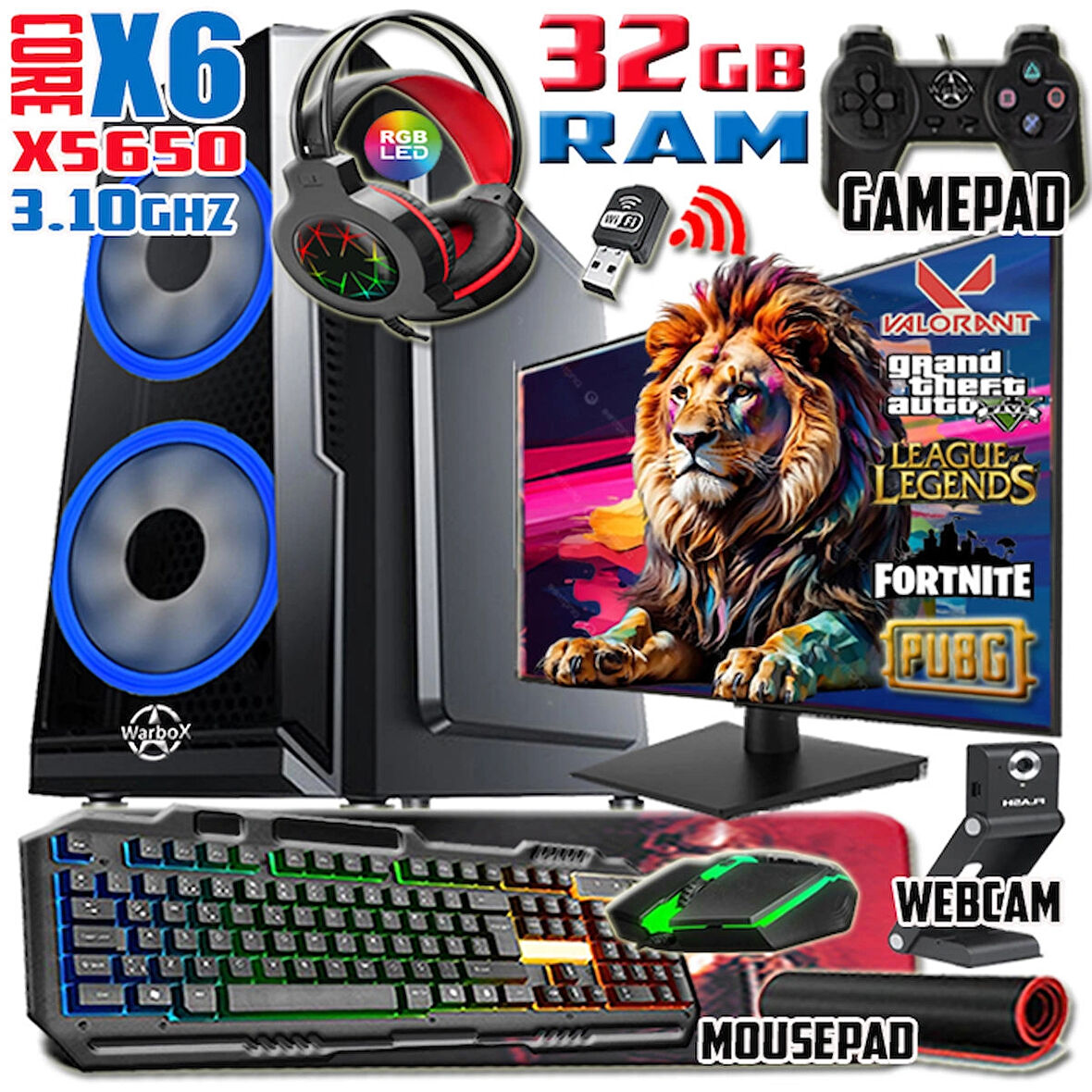WarboX King Xeon X5650 Işlemci 32gb Ram 512gb Ssd R7 240-4gb E.kartı 24" Monitör Gaming Bilgisayar
