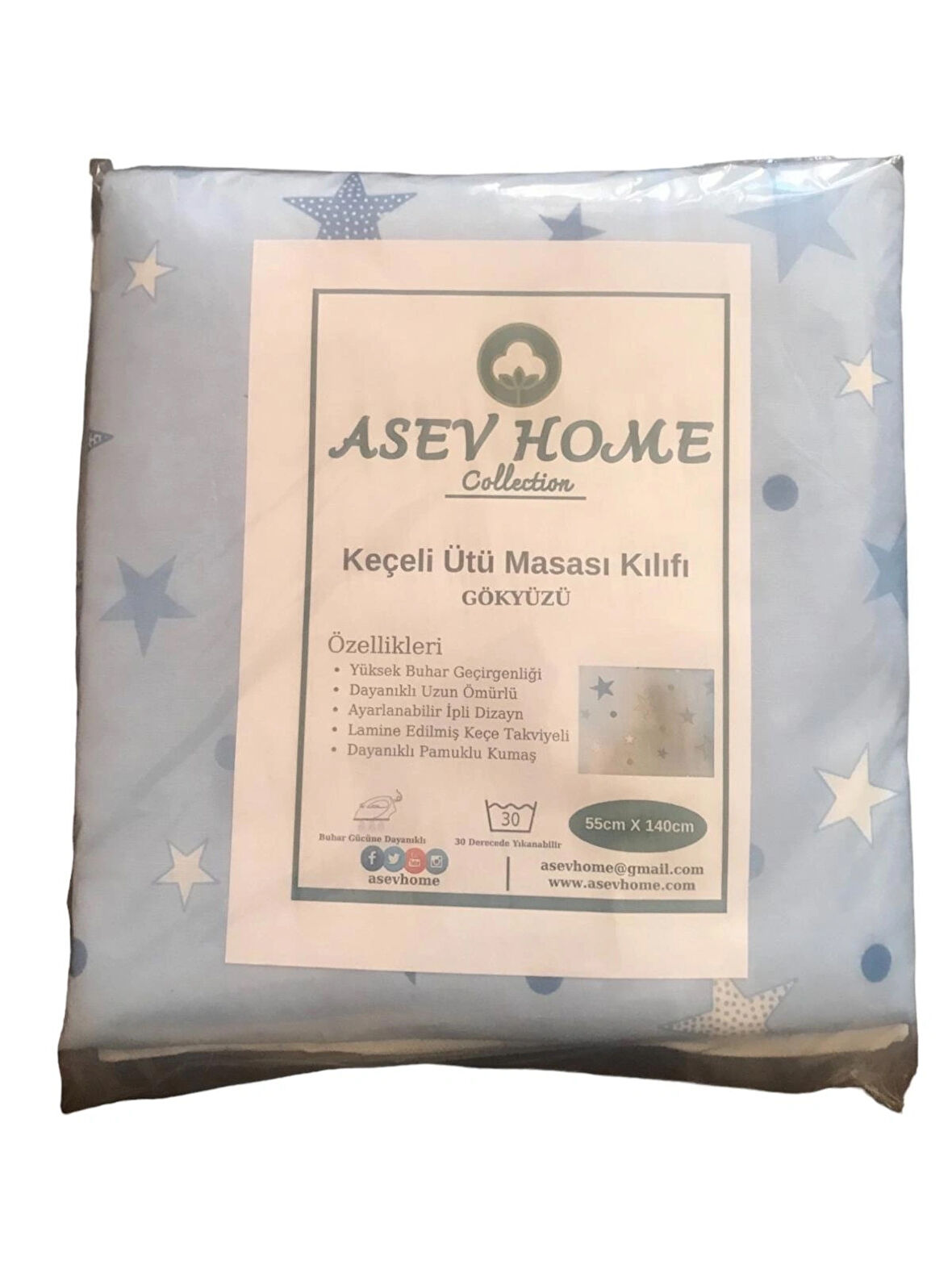 ASEV HOME Ütü Masası Kılıfı Büyük Boy İpli Stoperli Keçeli Kılıfı Örtüsü Bezi 55x140cm GÖKYÜZÜ