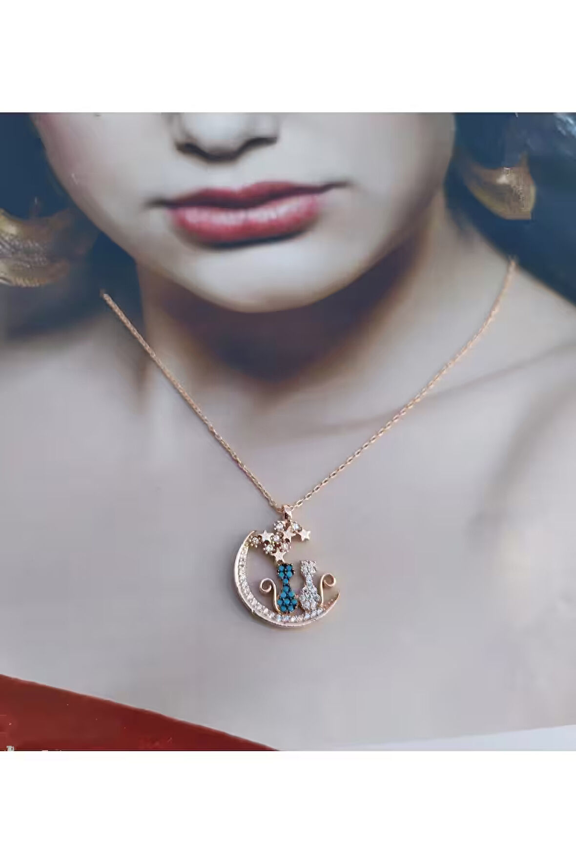 Modahilye 925 Ayar Gümüş Yıldızları Seyreden Kedi Tasarım Aşk Rozegold Kolye