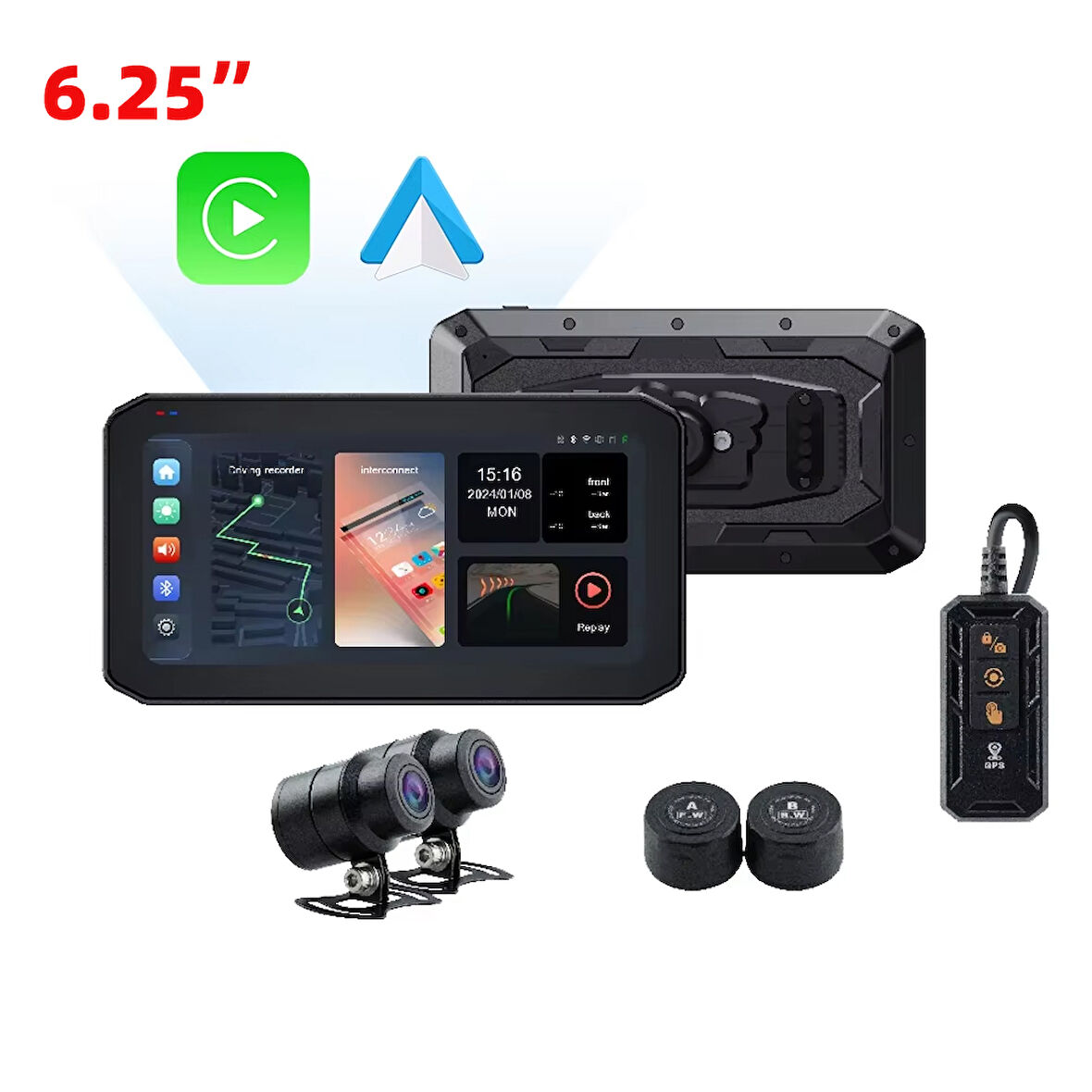 Motosiklet Ekran CarPlay Android Auto Ön ve Arka Kamera Kayıt Özellikli Lastik Sensörlü Multimedya