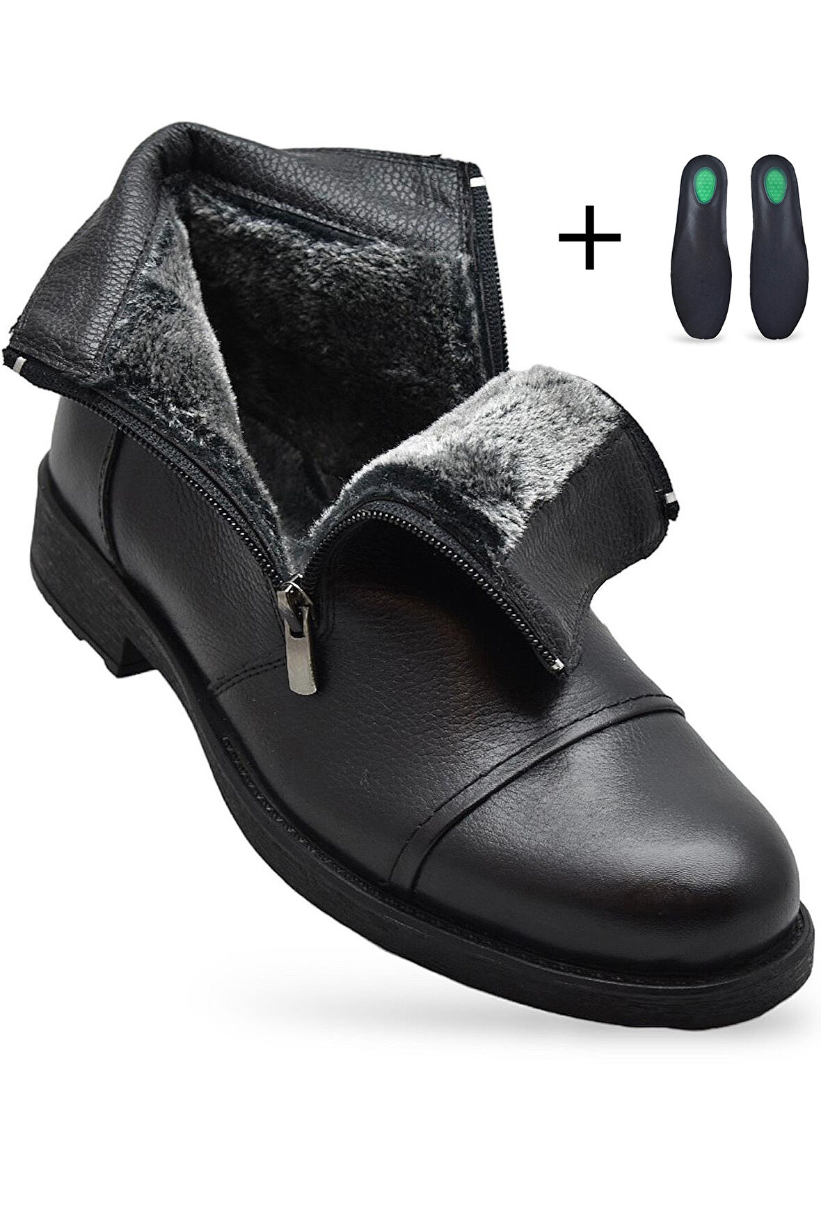 TAB3406 İçi Kürklü Hakiki Deri Erkek Bot Ayakkabı Ortopedik Taban Fermuarlı Deri Bot