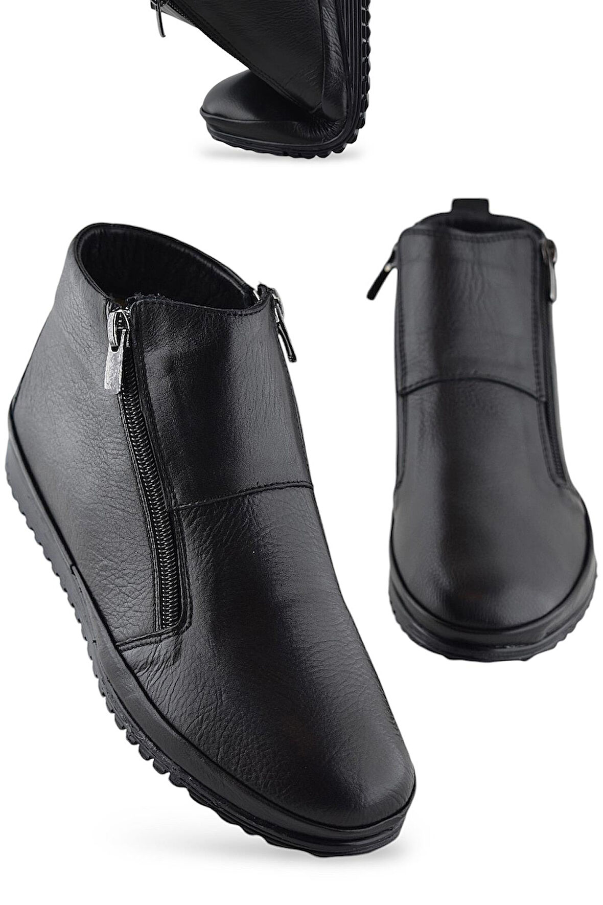 380K Ortopedik Taban Hakiki Deri Siyah Anne Botu Kadın Çift Fermuarlı Bot Ayakkabı 