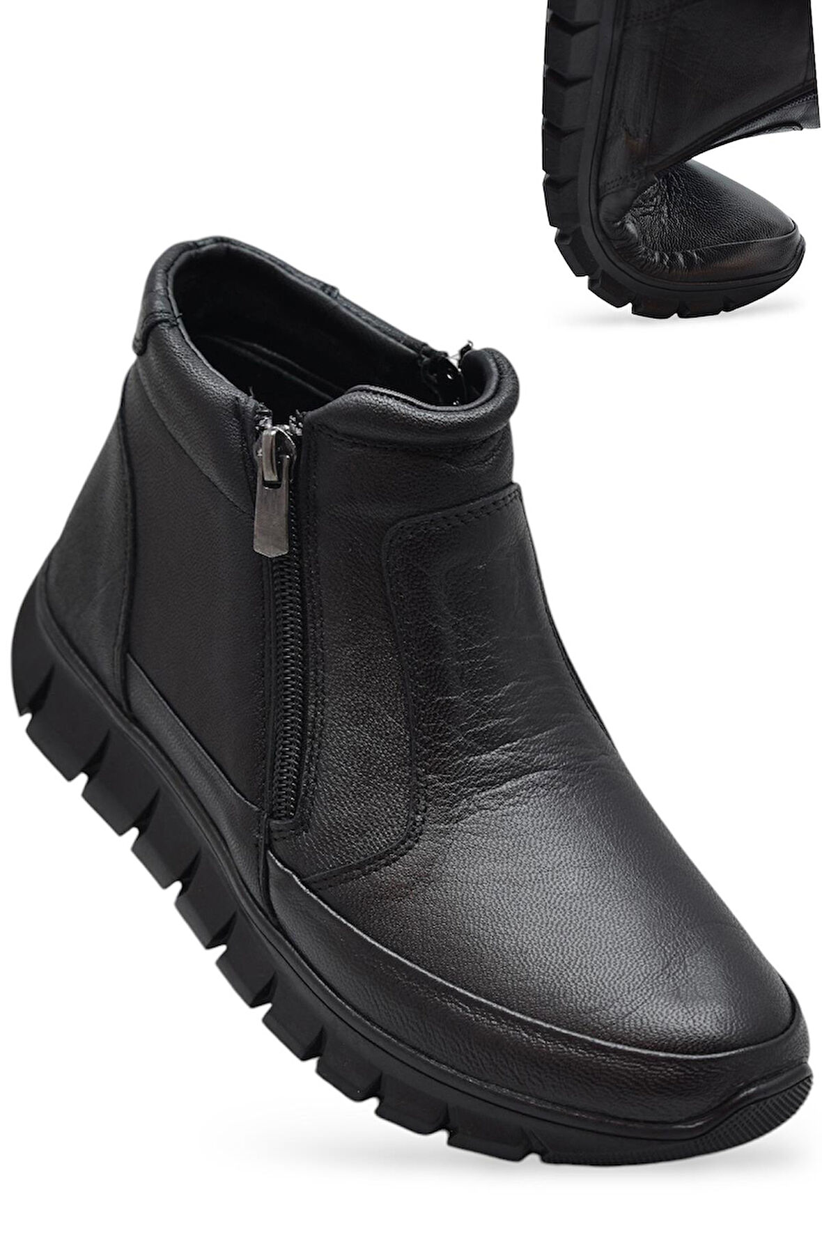 3707 Tam Ortopedik Siyah Hakiki Deri Kadın Bot Ayakkabı Çift Fermuarlı Anne Bot 