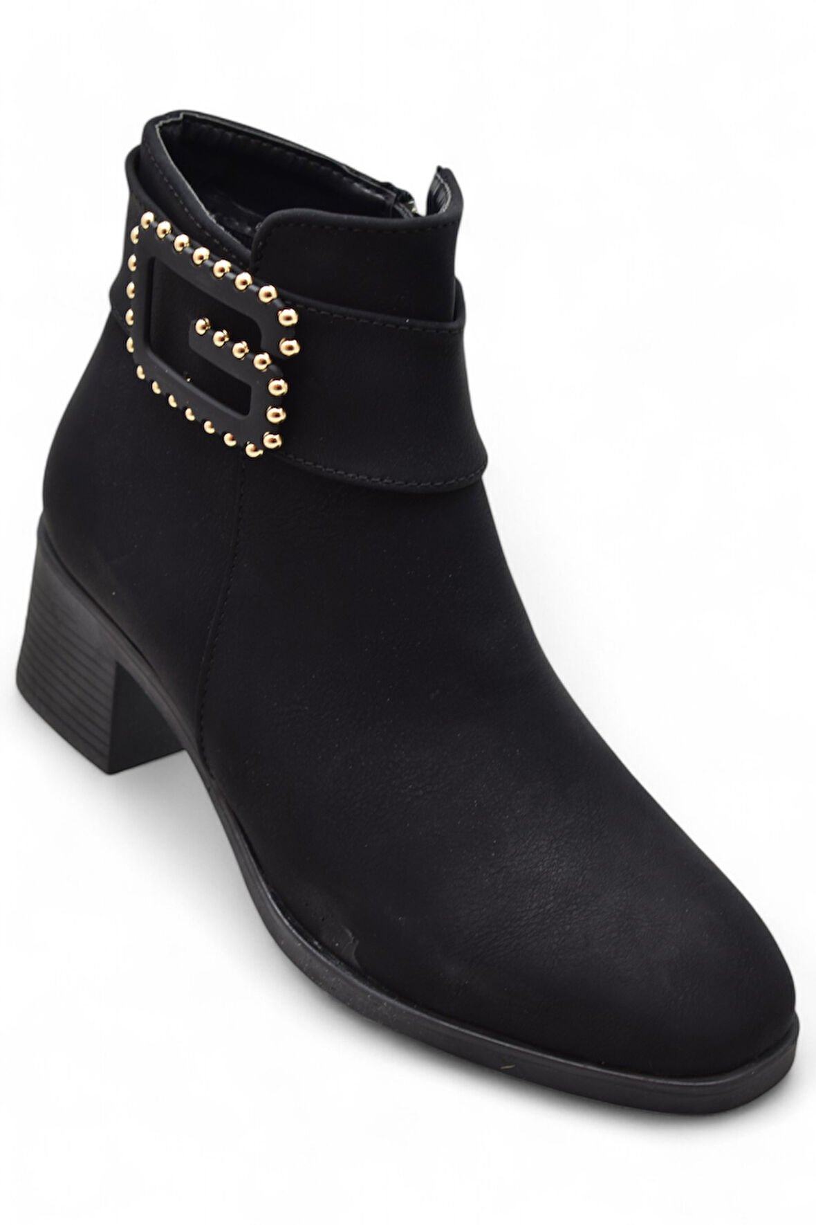 6592 Günlük Fermuarlı Kadın Topuklu Bot Ayakkabı Nubuk Siyah Klasik Topuklu Bot 