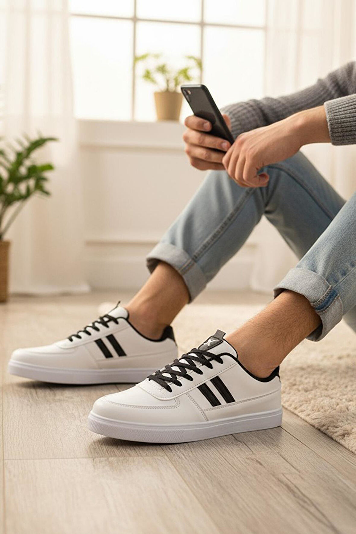 038 Rahat Taban Günlük Unisex Siyah - Beyaz Erkek Spor Ayakkabı 