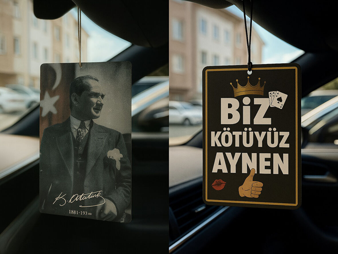 Atatürk ve Biz Kötüyüz Aynen - İkili Oto Kokusu - Dekoratif Araç Kokusu ve Aksesuarı
