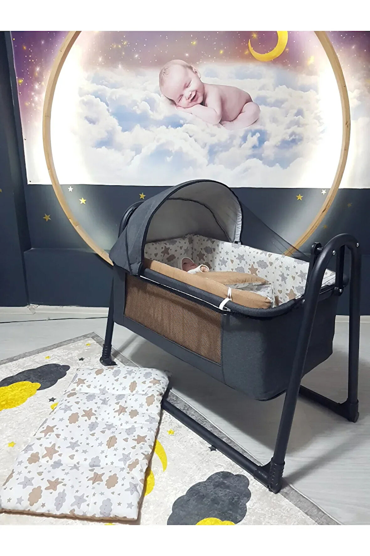 45x85 Keten Tenteli Portatif Beşik ve Uyku Seti - Silinebilir Lüks Keten Fileli