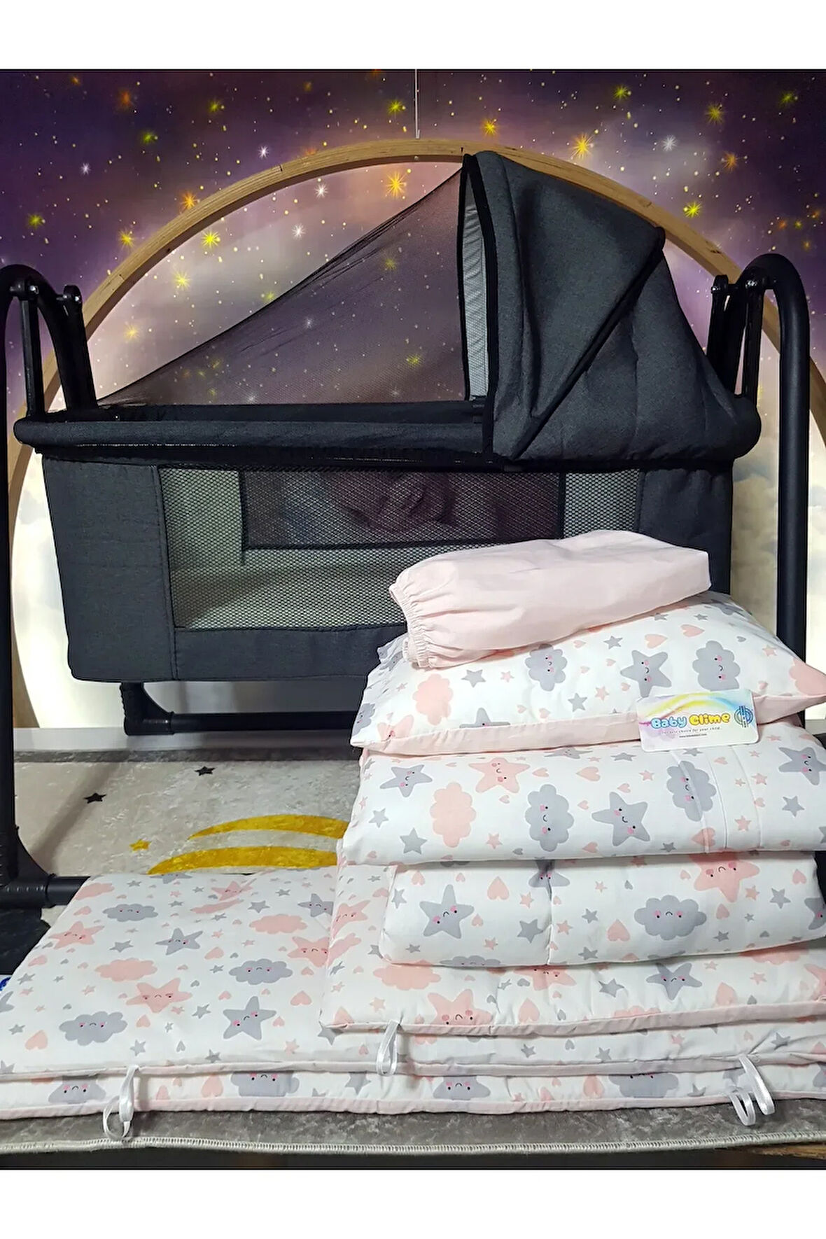 45x85 Keten Tenteli Portatif Beşik ve Uyku Seti - Anne Yanı Beşik Sepet Beşik