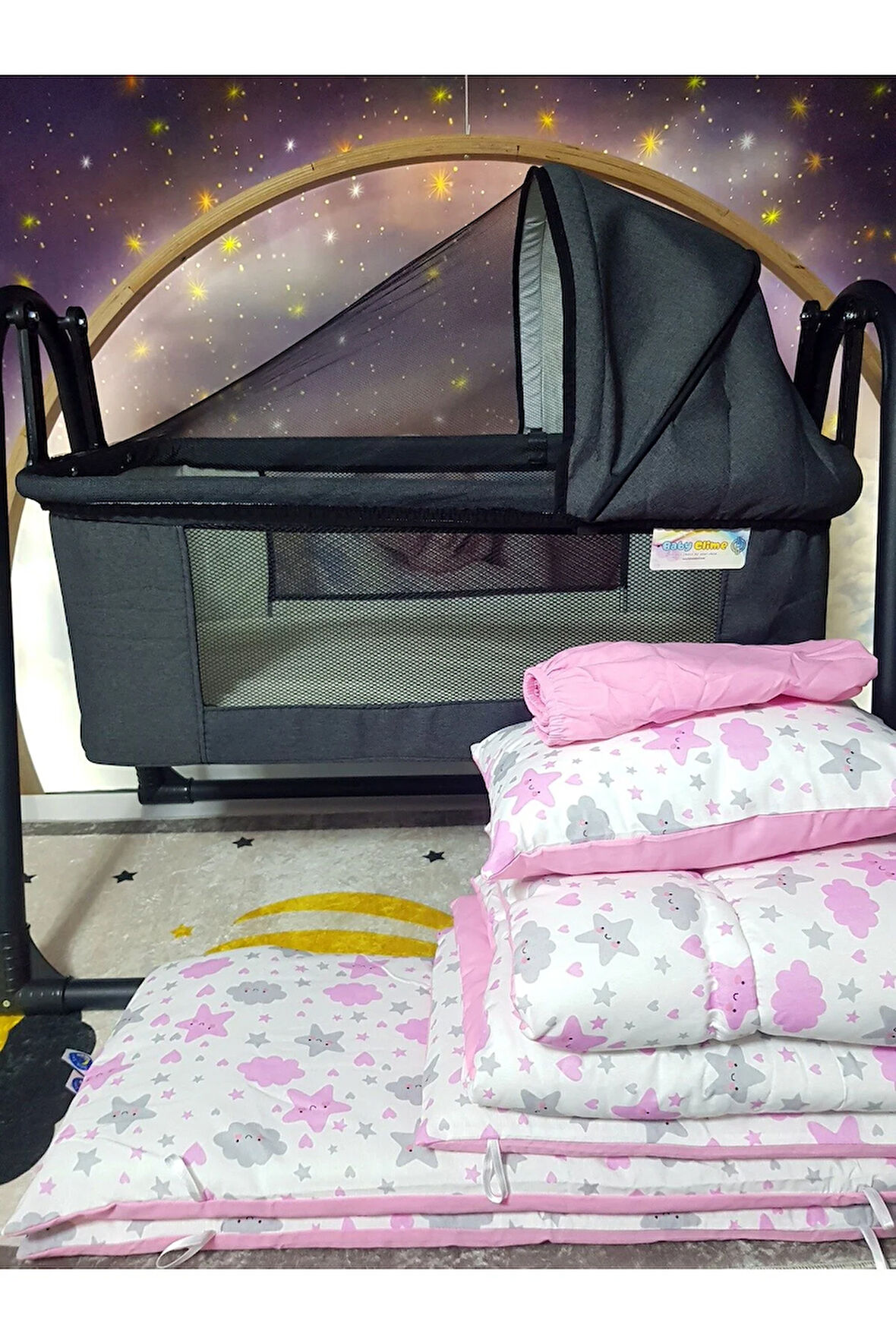 45x85 Keten Tenteli Portatif Beşik ve Uyku Seti - Bebeğiniz Her Yerde Rahat Uyusun!