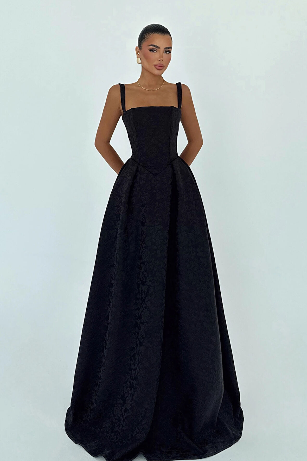 Siyah Lidia Uzun Abiye Elbise ATE-3006