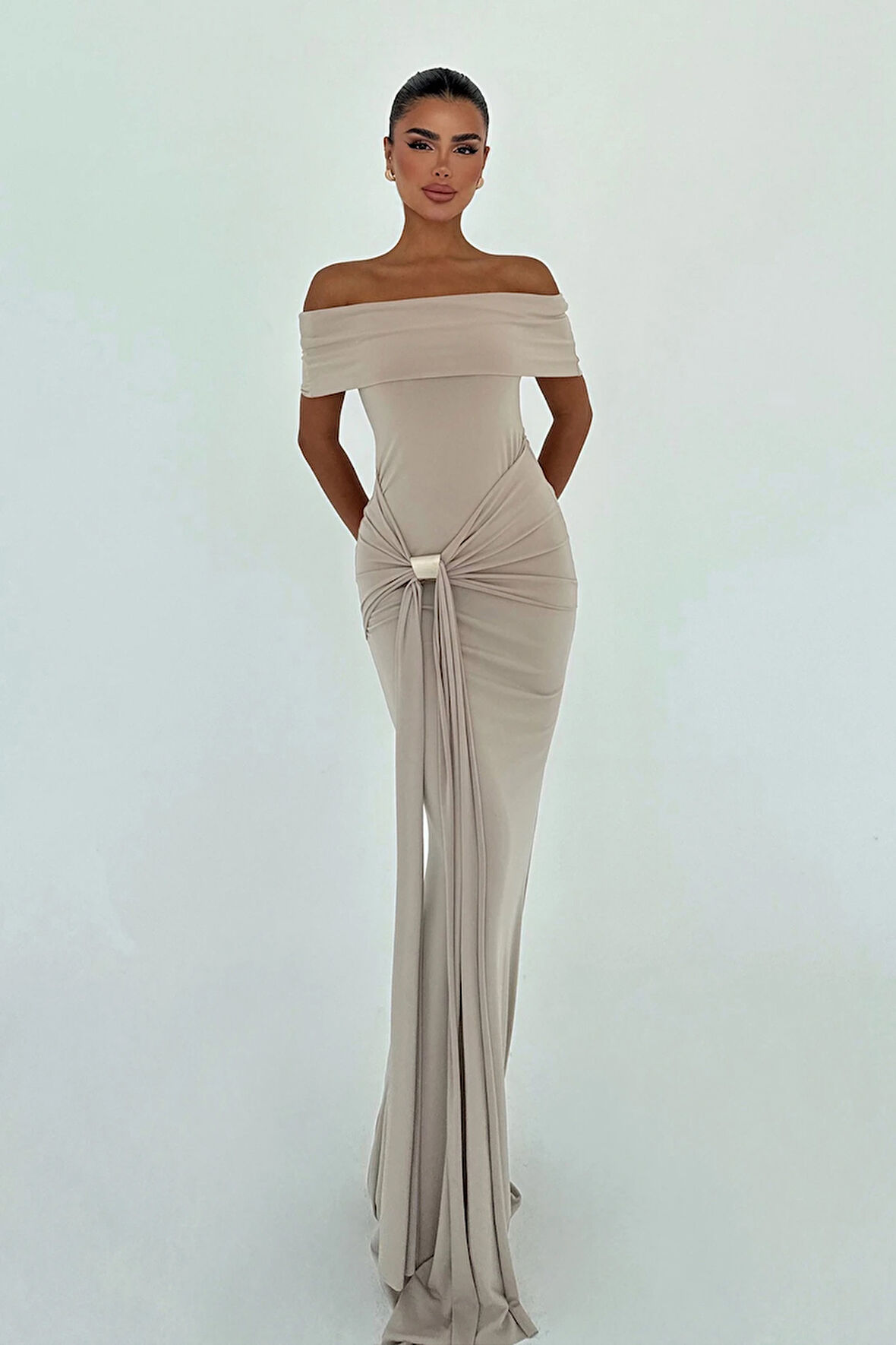 Bej Allayia Uzun Elbise ATE-3083