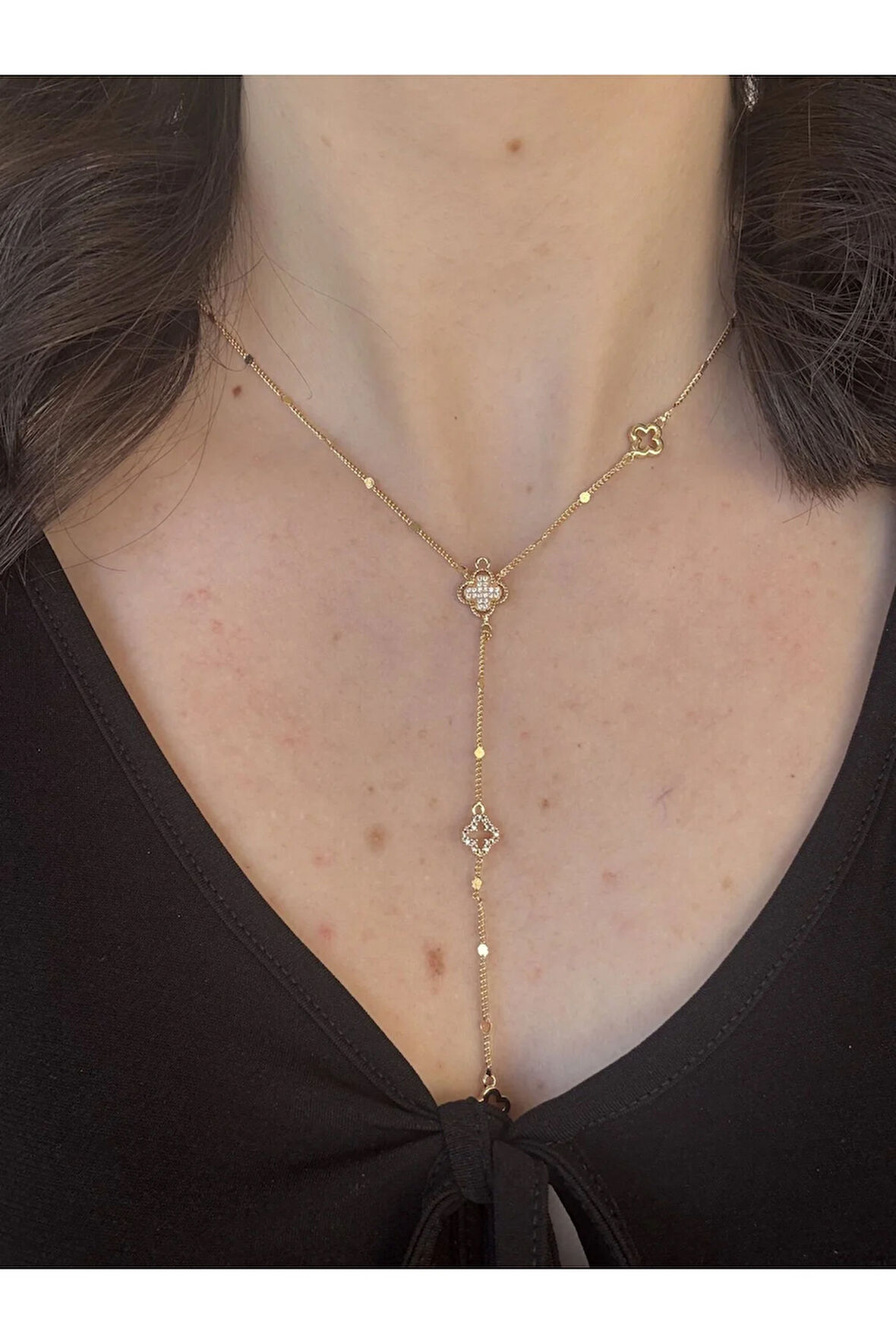 Gold Yonca Detaylı Y Kolye