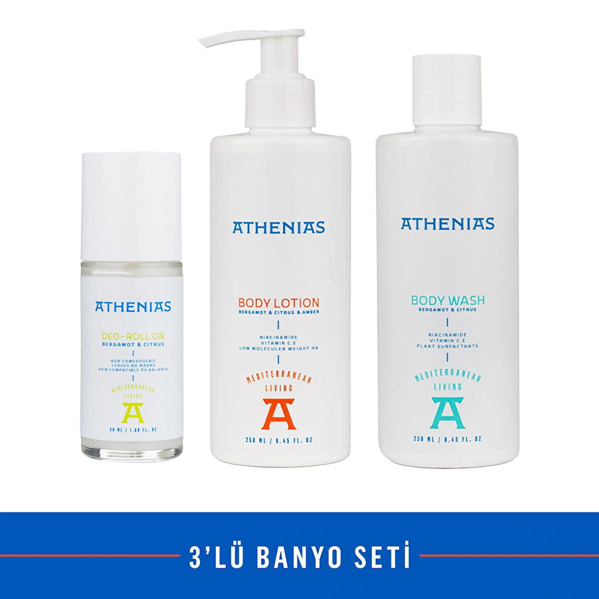ATHENIAS 3'lü Banyo Seti Body Wash + Body Lotion + Deo Roll On