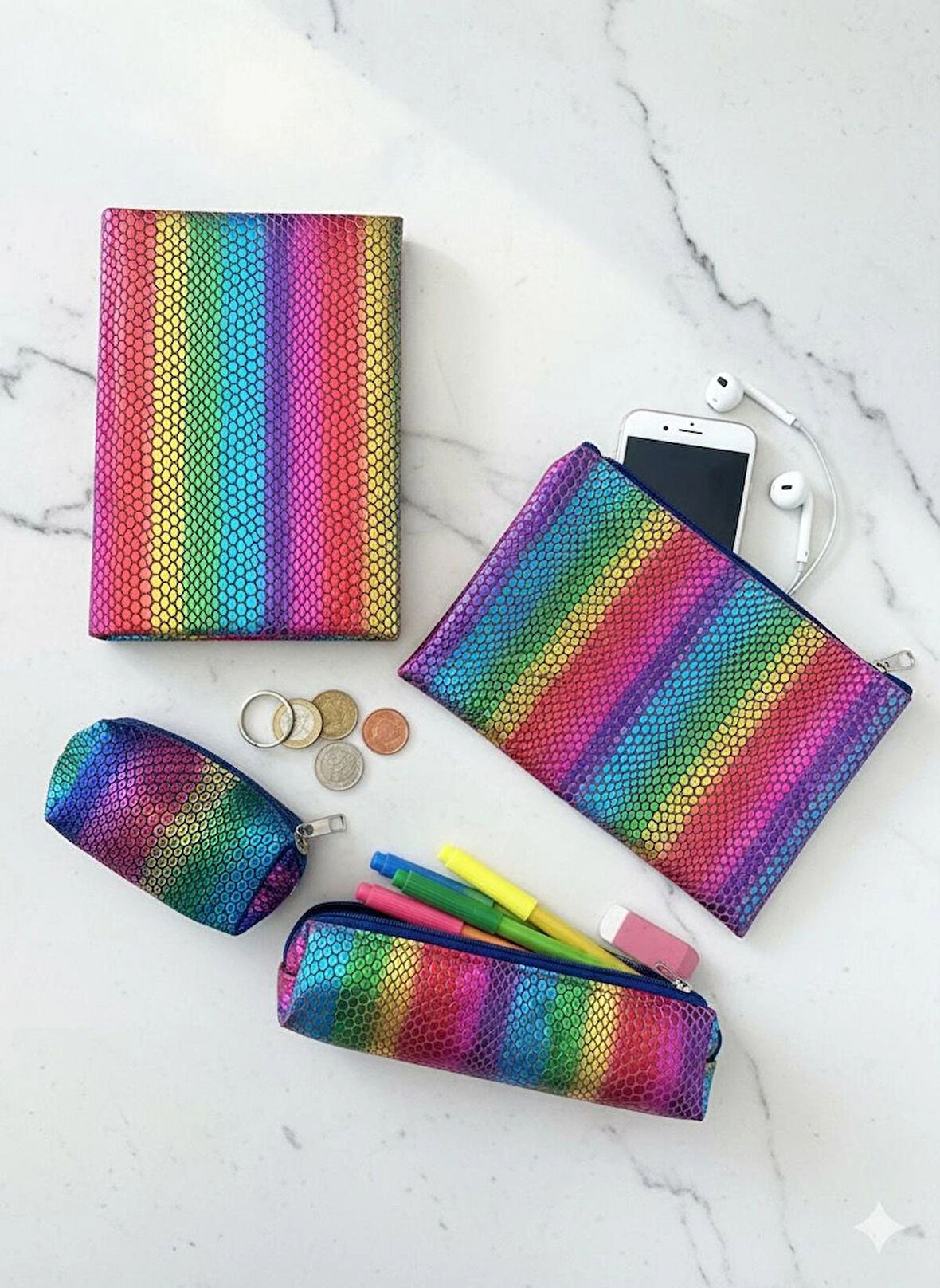 Atakids Lizy Desenli Defter, Kalemlik, Cüzdan ve El Çantası Seti (Defter: 168 yp, 14*20)