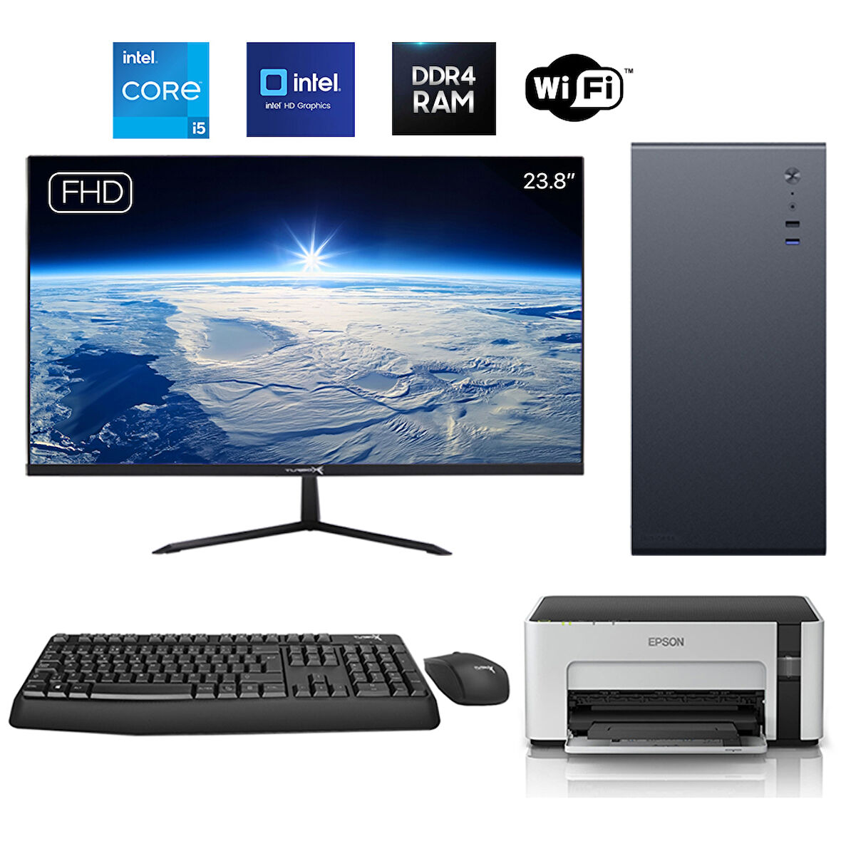 Turbox Tx6143 i5 6400 16GB DDR4 512GB NVMe 23.8 inç FHD Monitör WiFi + YAZICI Ofis Hazır Sistem