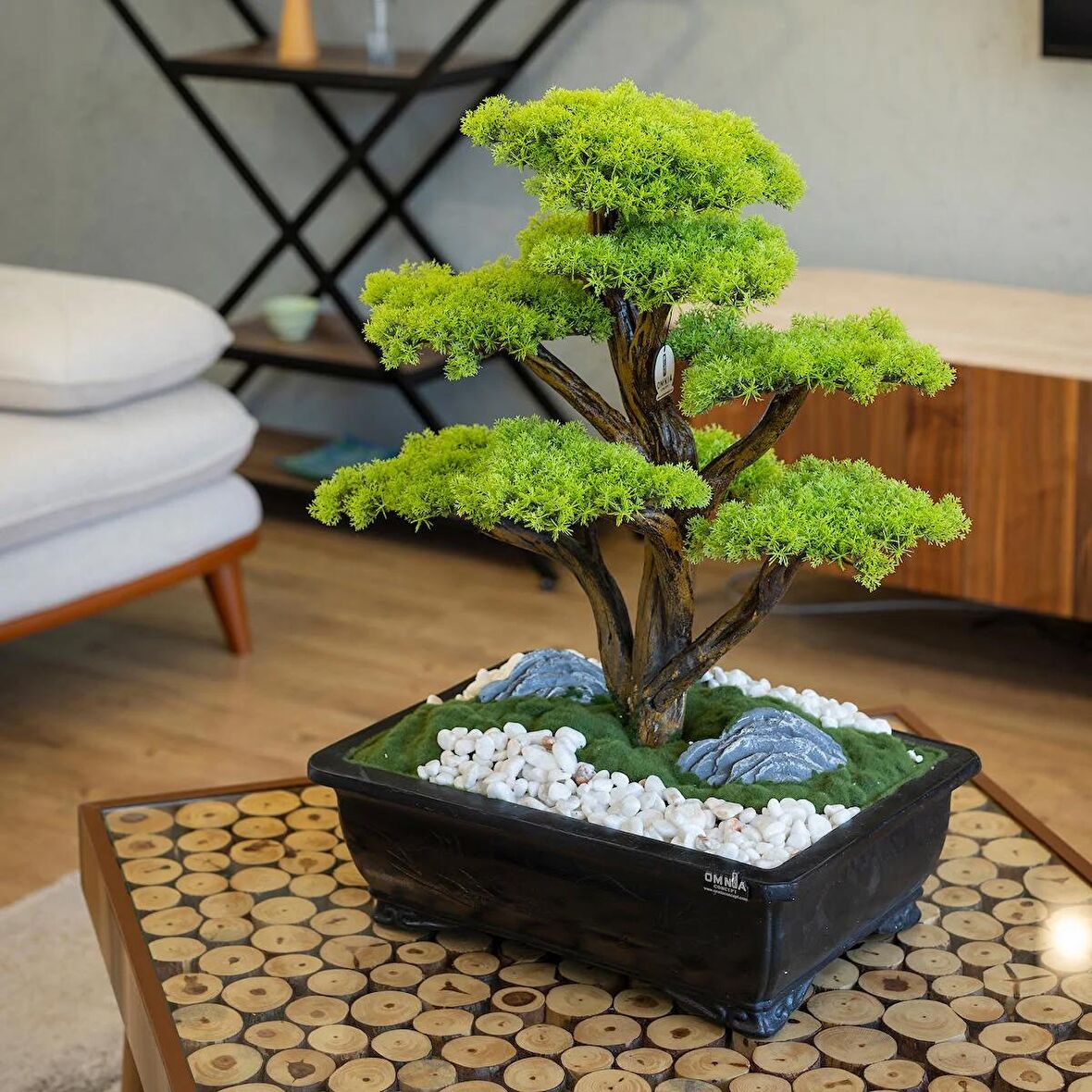 Atlas Bonsai-6 Masaüstü Kullanıma Uygun Doğal Ağaç Gövdeli Yapay Bonsai Ağacı - 50x60 Cm