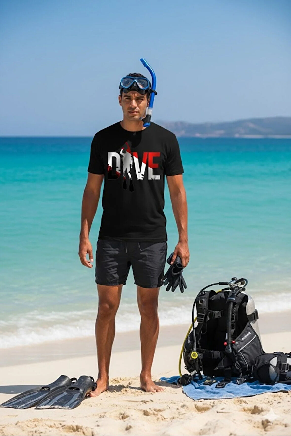 Baskılı Erkek Kadın Unisex Bisiklet Yaka Baskılı T-shirt Siyah tshirt tişört Diving Balıkadam Dalgıç