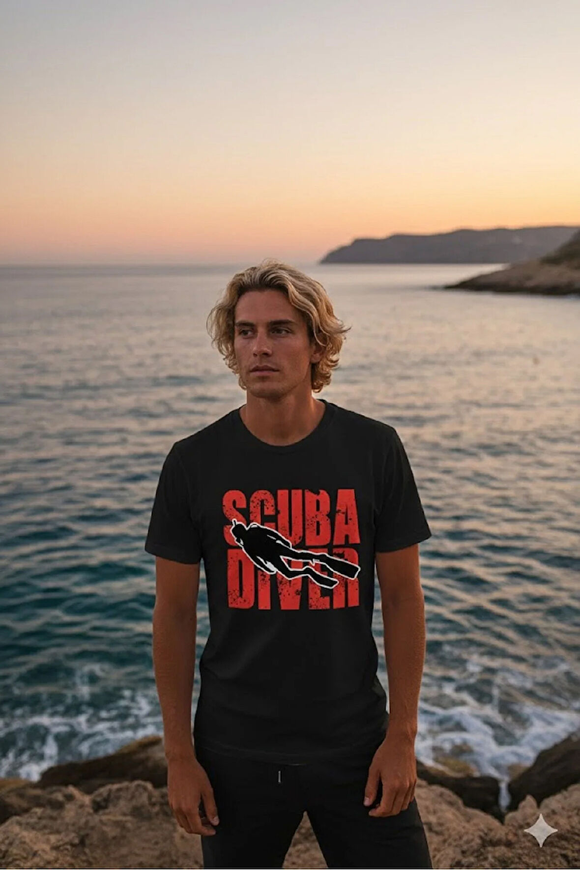 Baskılı Erkek Kadın Unisex Bisiklet Yaka Balıkadam Baskılı T-shirt Siyah tshirt tişört Diving Dalgıç