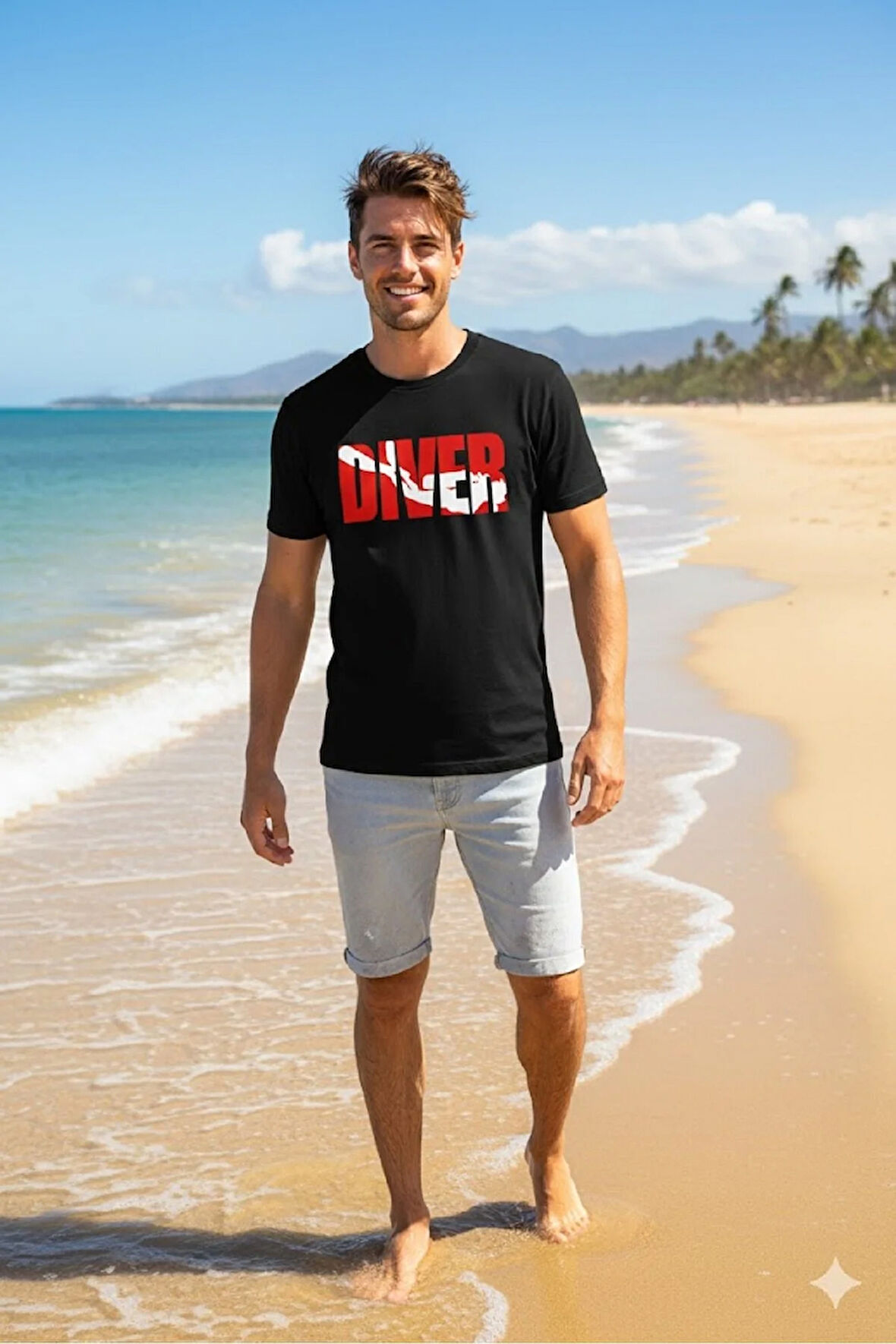 Baskılı Erkek Kadın Unisex Bisiklet Yaka Dalgıç Baskılı T-shirt Siyah tshirt tişört Diving Balıkadam