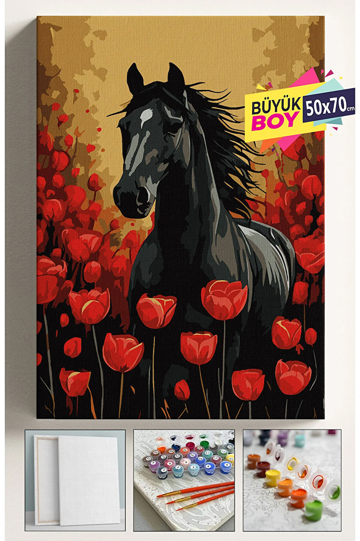 Sayılarla Boyama Seti Numaralı Tuval Fırça Boya Dahil Kasnaklı Set 50x70 Cm - AT VE LALELER