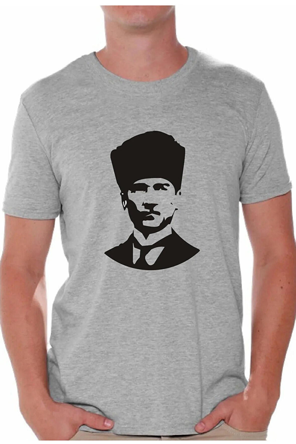Baskılı Atatürk Kadın Erkek Unisex Bisiklet Yaka Baskılı T-shirt Siyah Beyaz Gri tshirt tişört