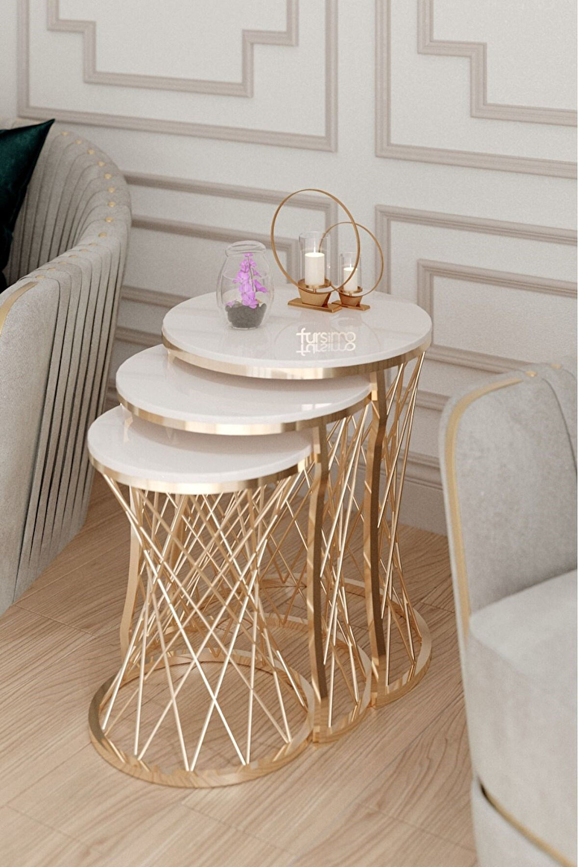 Aurelia Serisi Gold Metal Örgü Desenli 3’lü Zigon Sehpa – Krem Membran Tabla