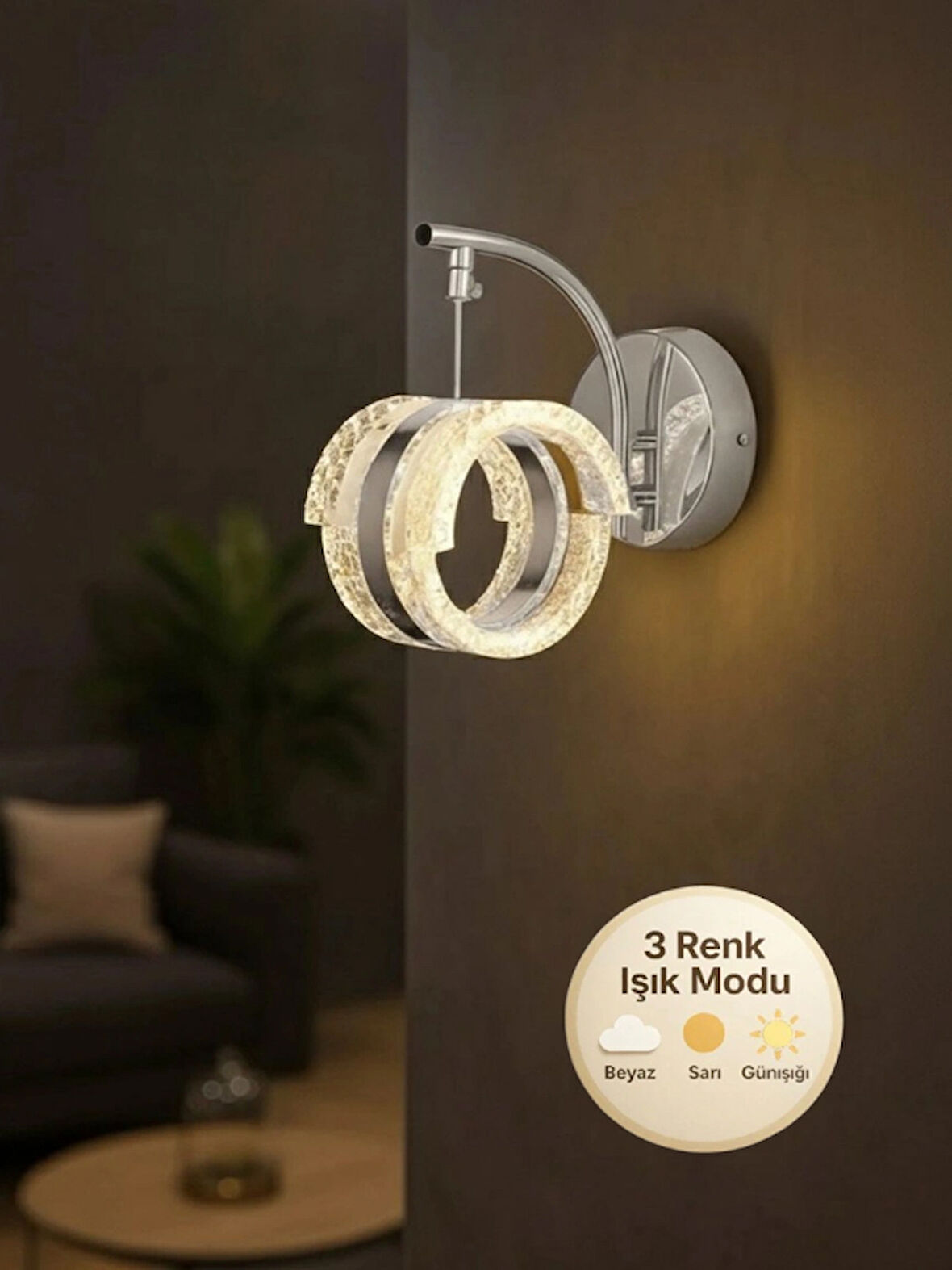 Aurea Model Tekli Gümüş 3 Renk Oturma Yatak Mutfak Çocuk Mutfak Odası Modu Led Aplik