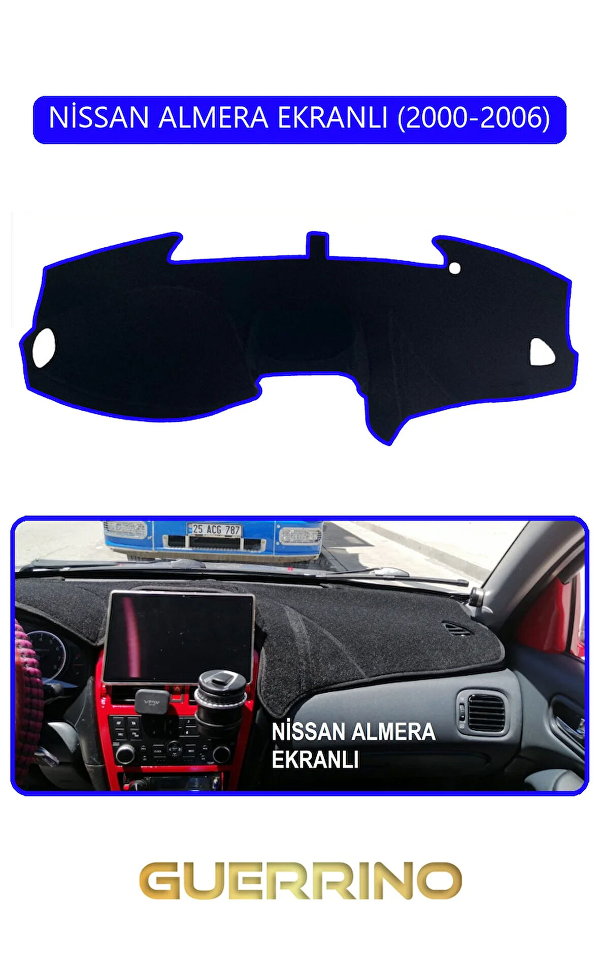 NİSSAN ALMERA EKRANLI 2000-2006TORPİDO KORUMA HALISI MAVİ KENAR