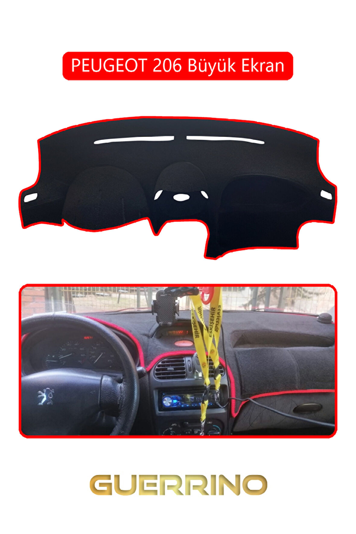 PEUGEOT 206 Büyük EkranTORPİDO KORUMA HALISI KIRMIZI KENAR