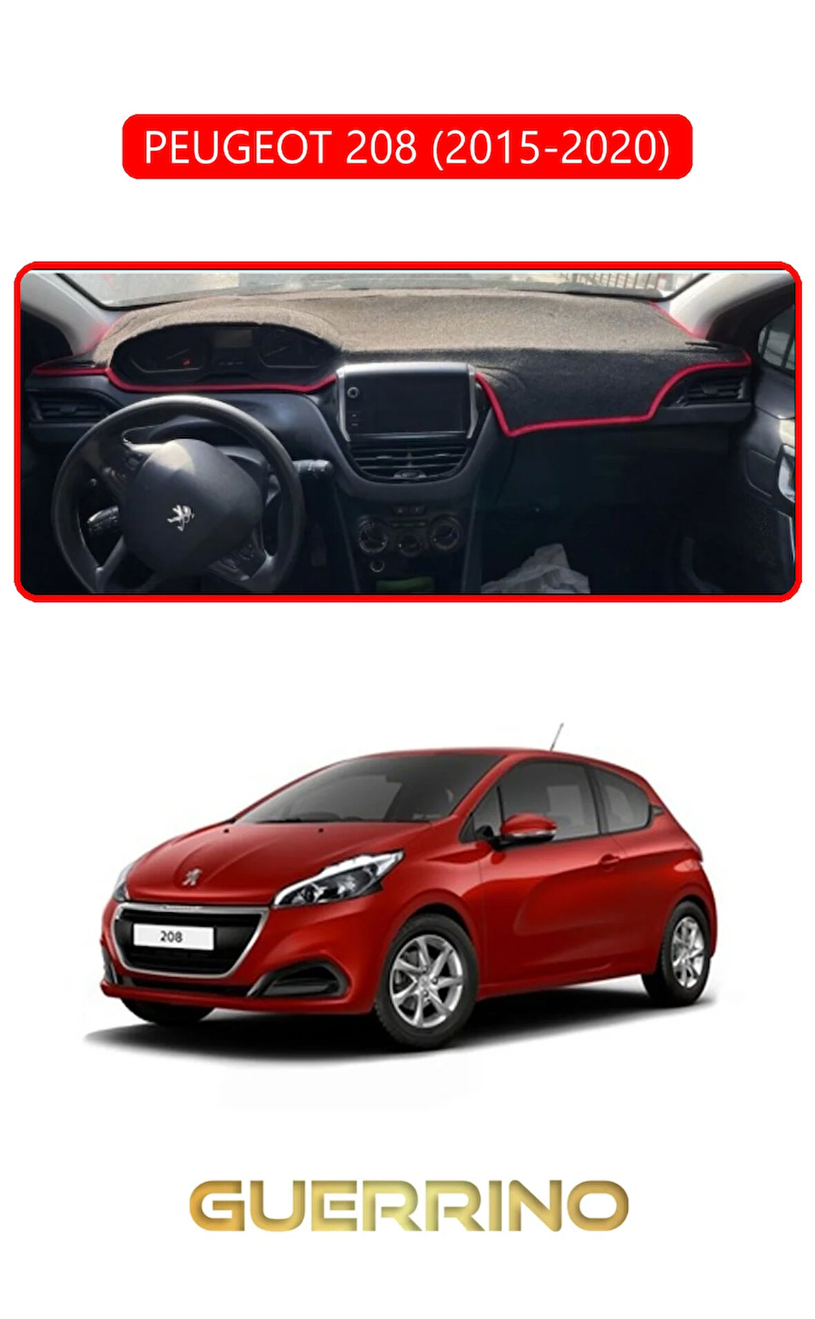 PEUGEOT 208 (2015-2020)TORPİDO KORUMA HALISI KIRMIZI KENAR
