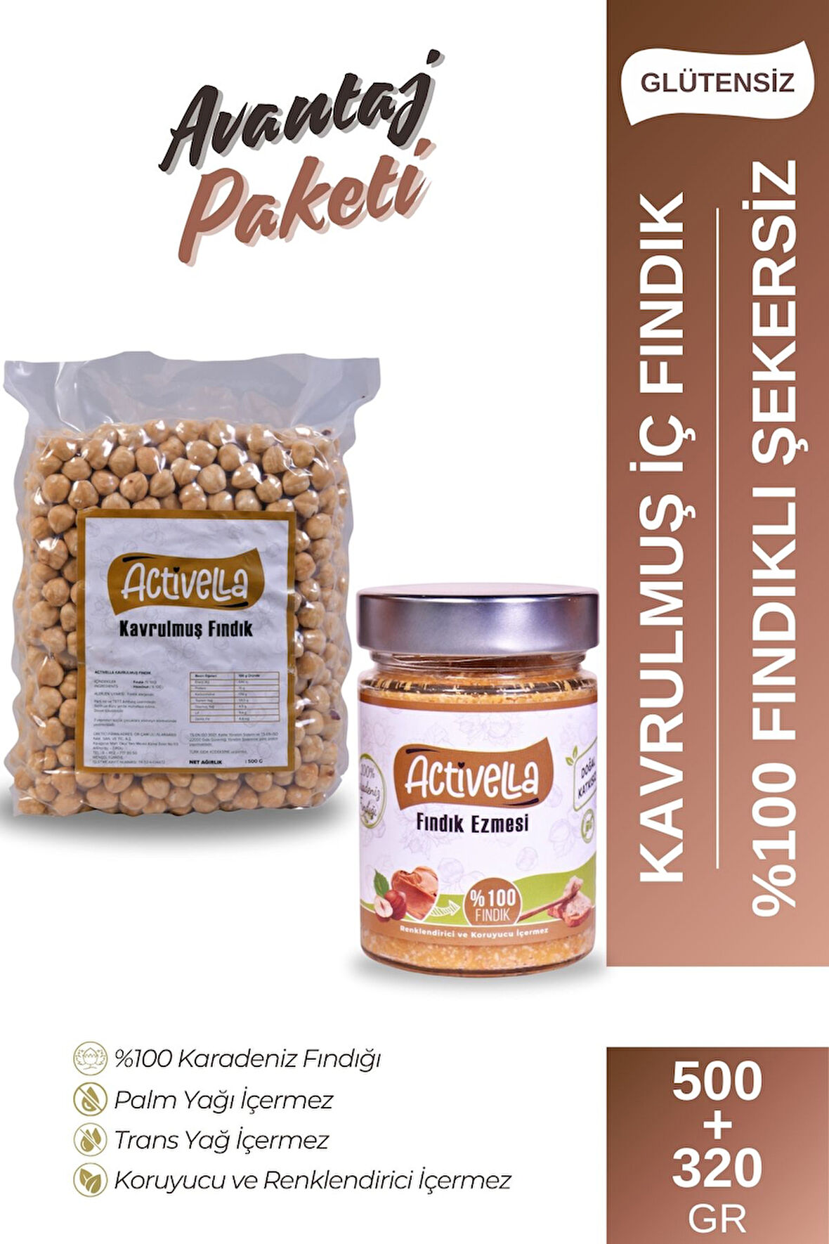 Activella Şekersiz Fındık Ezmesi 320gr %100 Fındıklı + Kavrulmuş İç Fındık 500gr