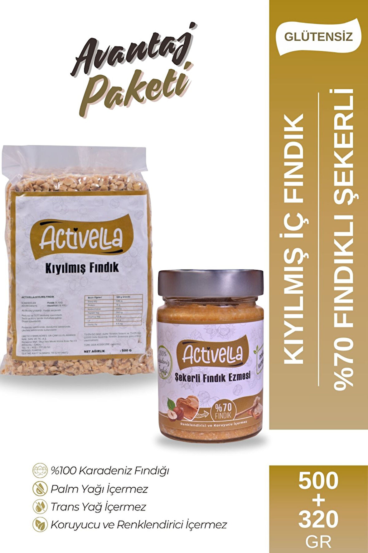 Activella Şekerli Fındık Ezmesi 320gr %70 Fındıklı + Kıyılmış İç Fındık 500gr