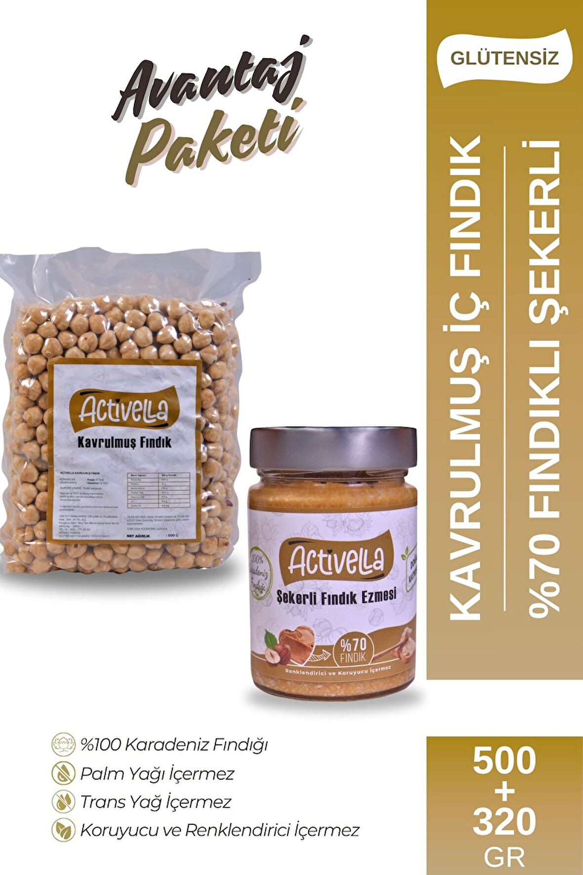 Activella Şekerli Fındık Ezmesi 320gr %70 Fındıklı + Kavrulmuş İç Fındık 500gr